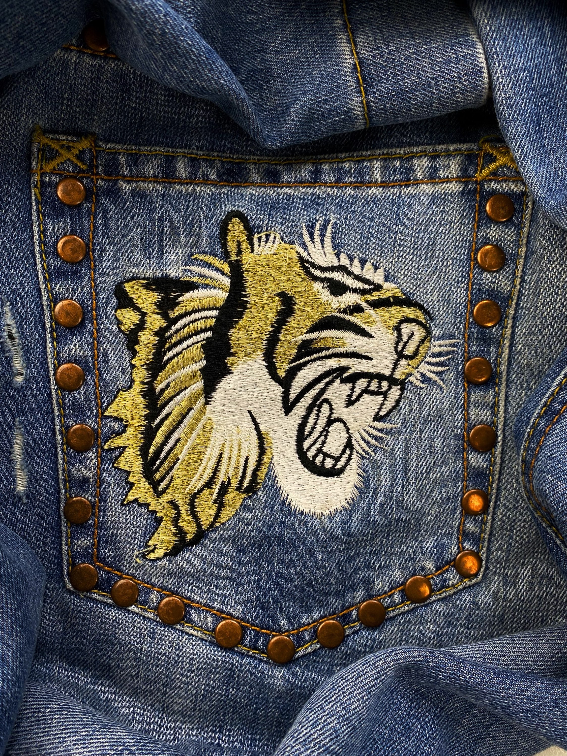 Dolce &amp; Gabbana Embroidered Tiger Studded Distressed Denim