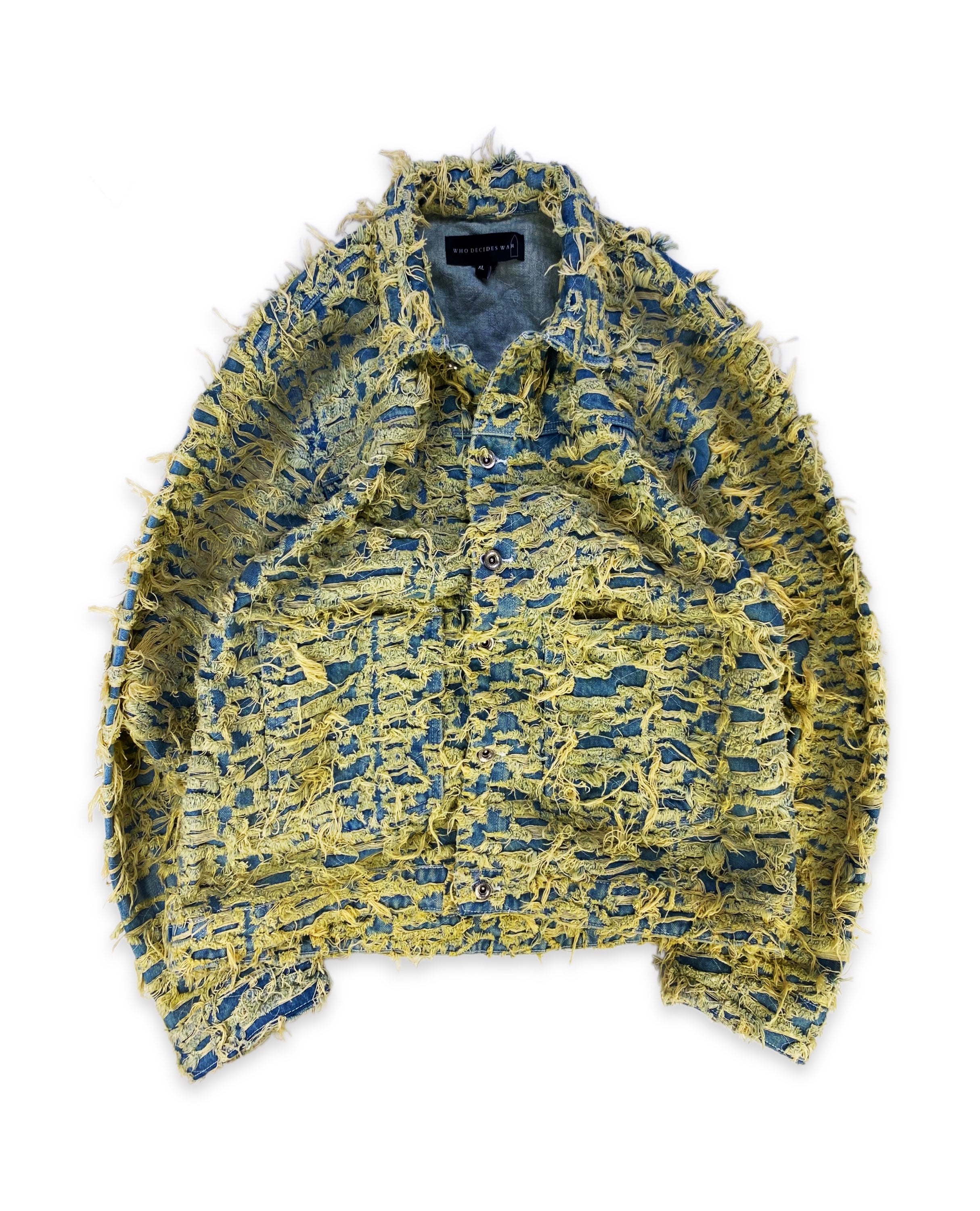 SS23 Who Decides War ‘Thrashed’ Barren Thread Distressed Denim Jacket