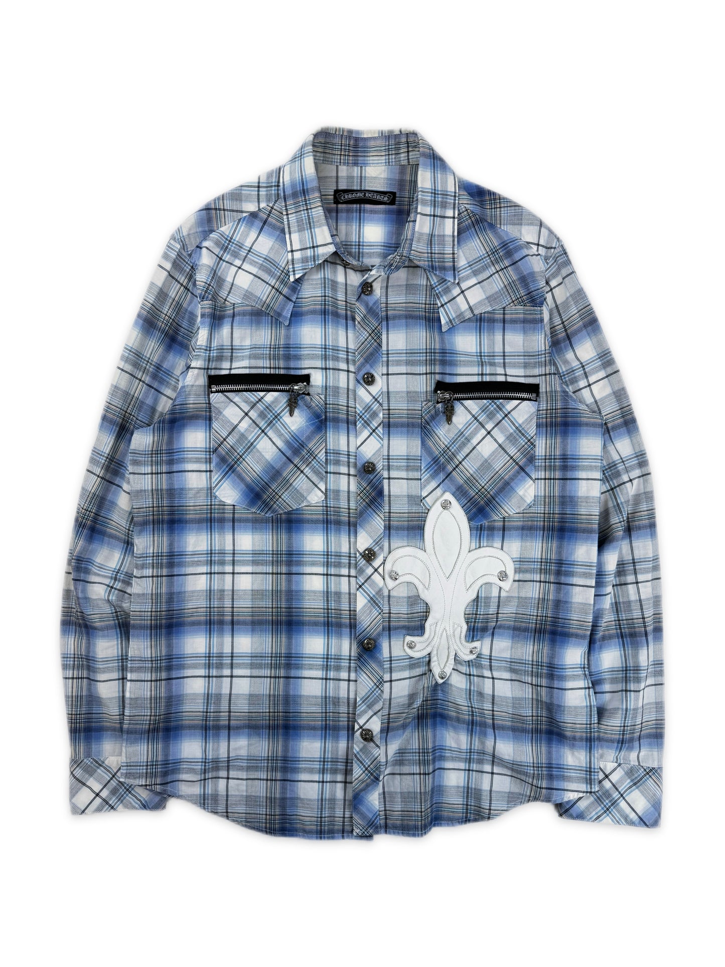 Chrome Hearts Fleur de Lis Leather Patch Dagger Zip .925 Silver Flannel Shirt