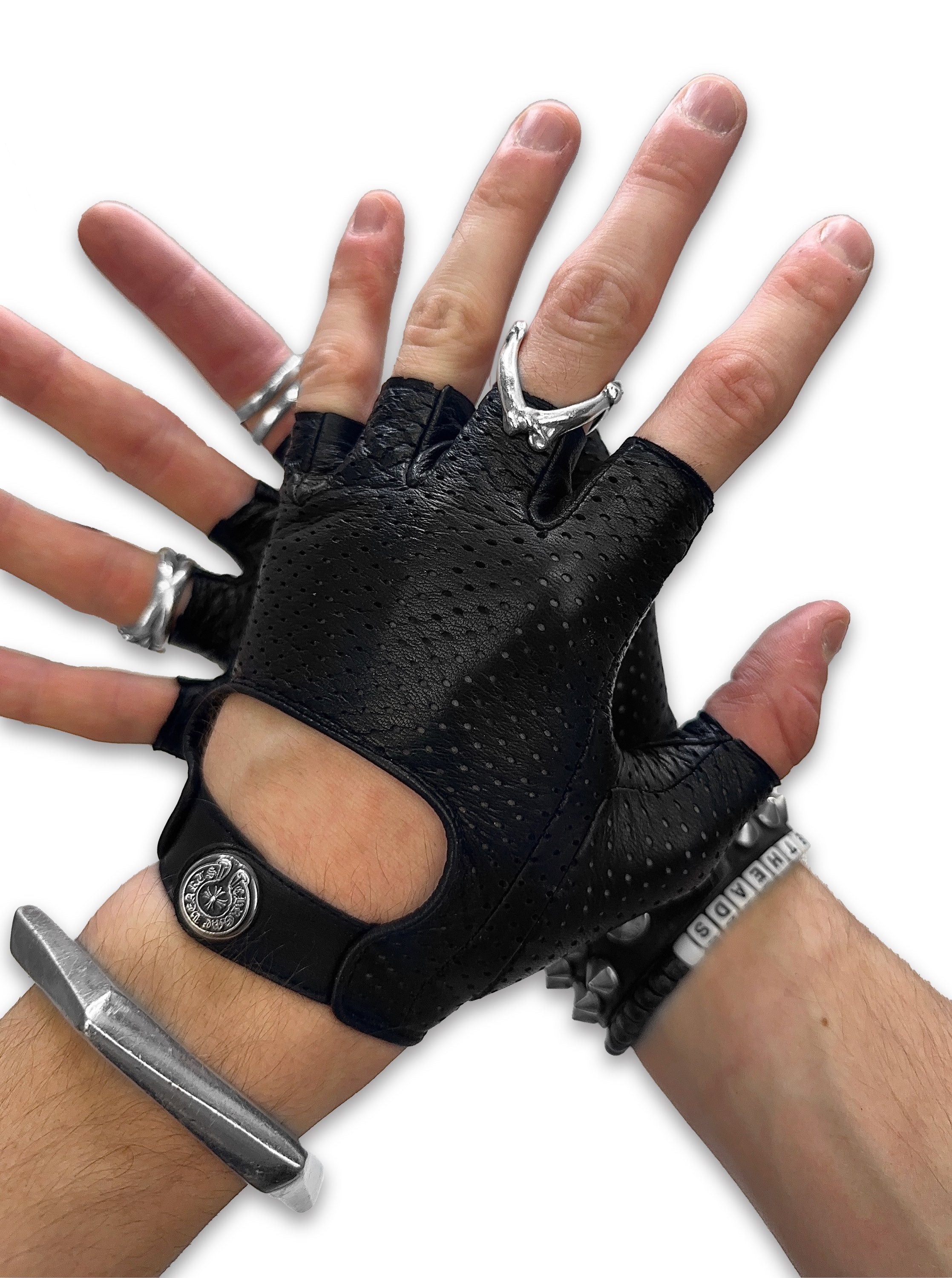 00s Chrome Hearts ‘Fingerless’ .925 Silver Leather Perforated Gloves