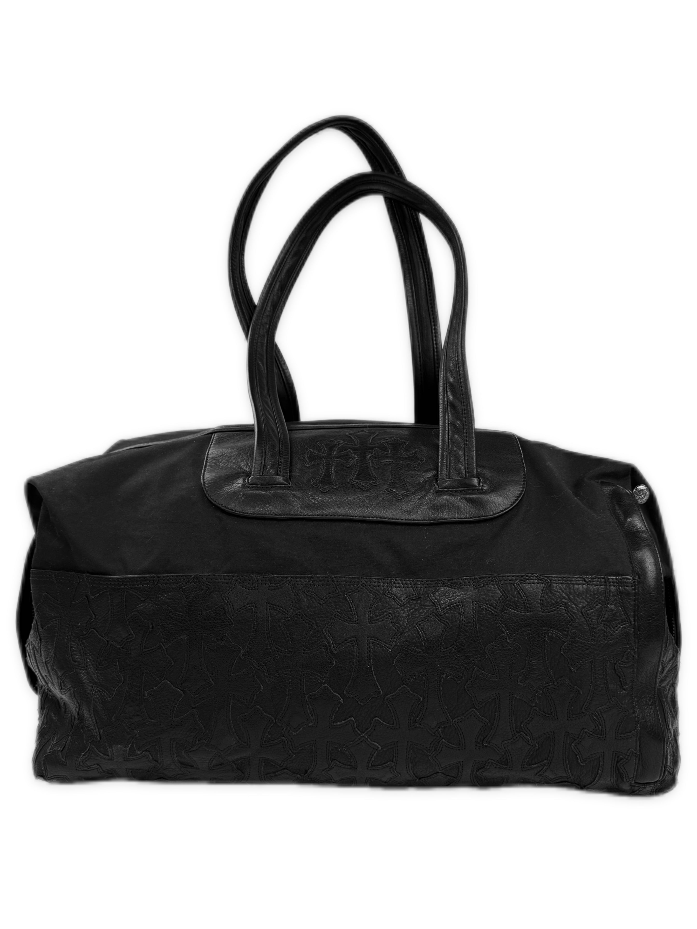Chrome Hearts Cemetery Cross Patch Flooded Black Leather Large Duffle Bag