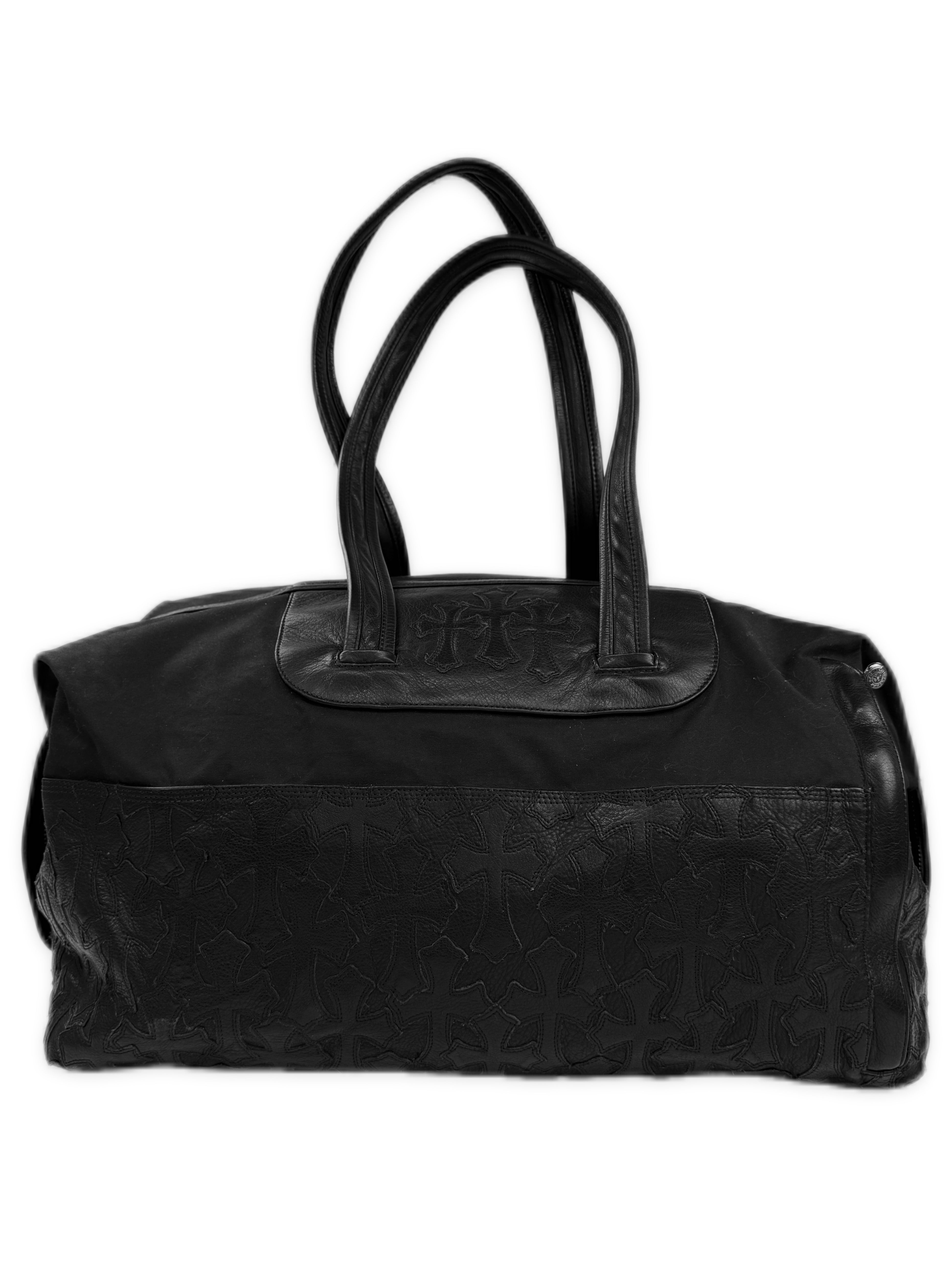 Chrome Hearts Cemetery Cross Patch Flooded Black Leather Large Duffle Bag