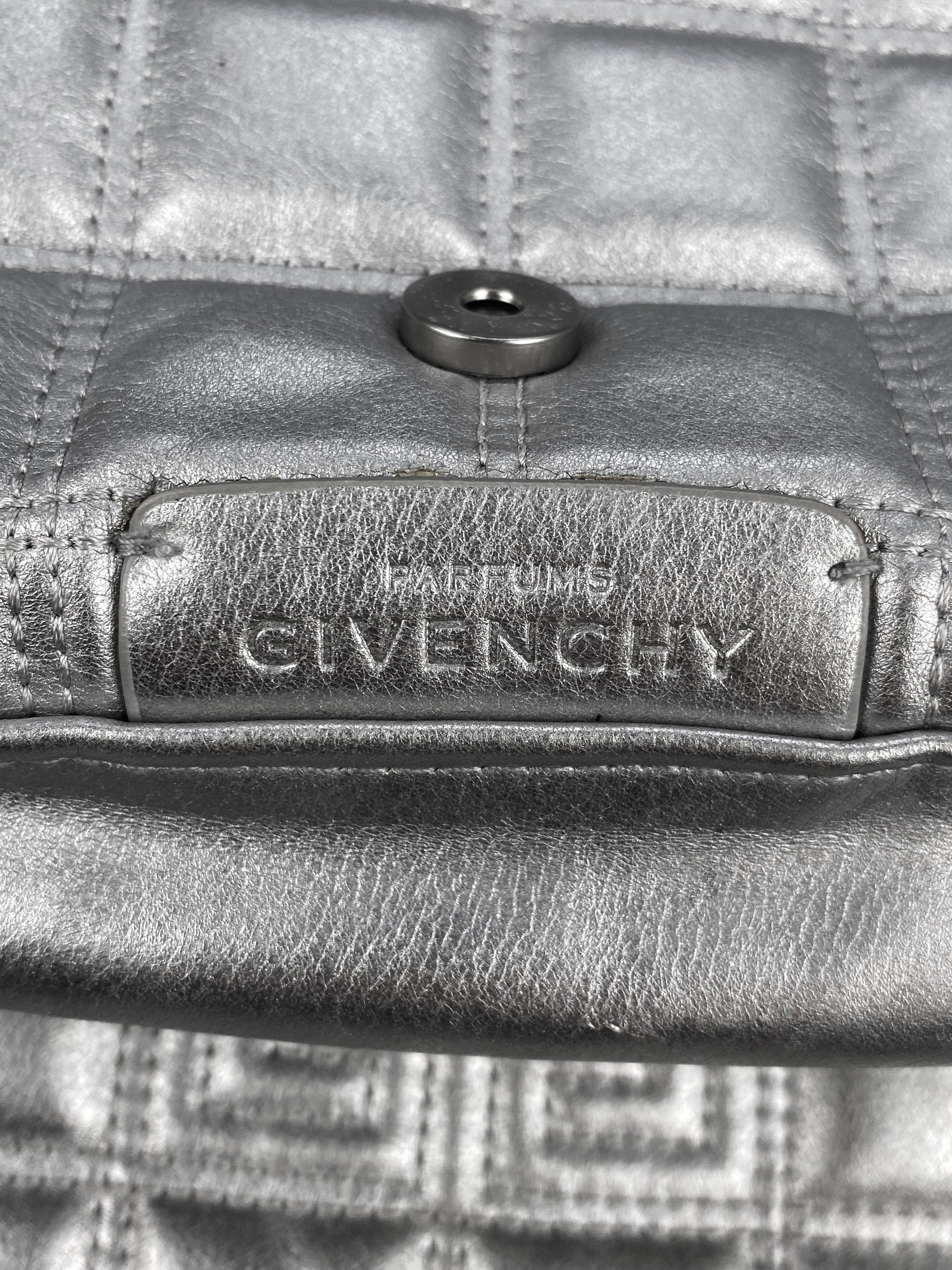 00s Givenchy Quilted Logo Metallic Silver Clutch Bag