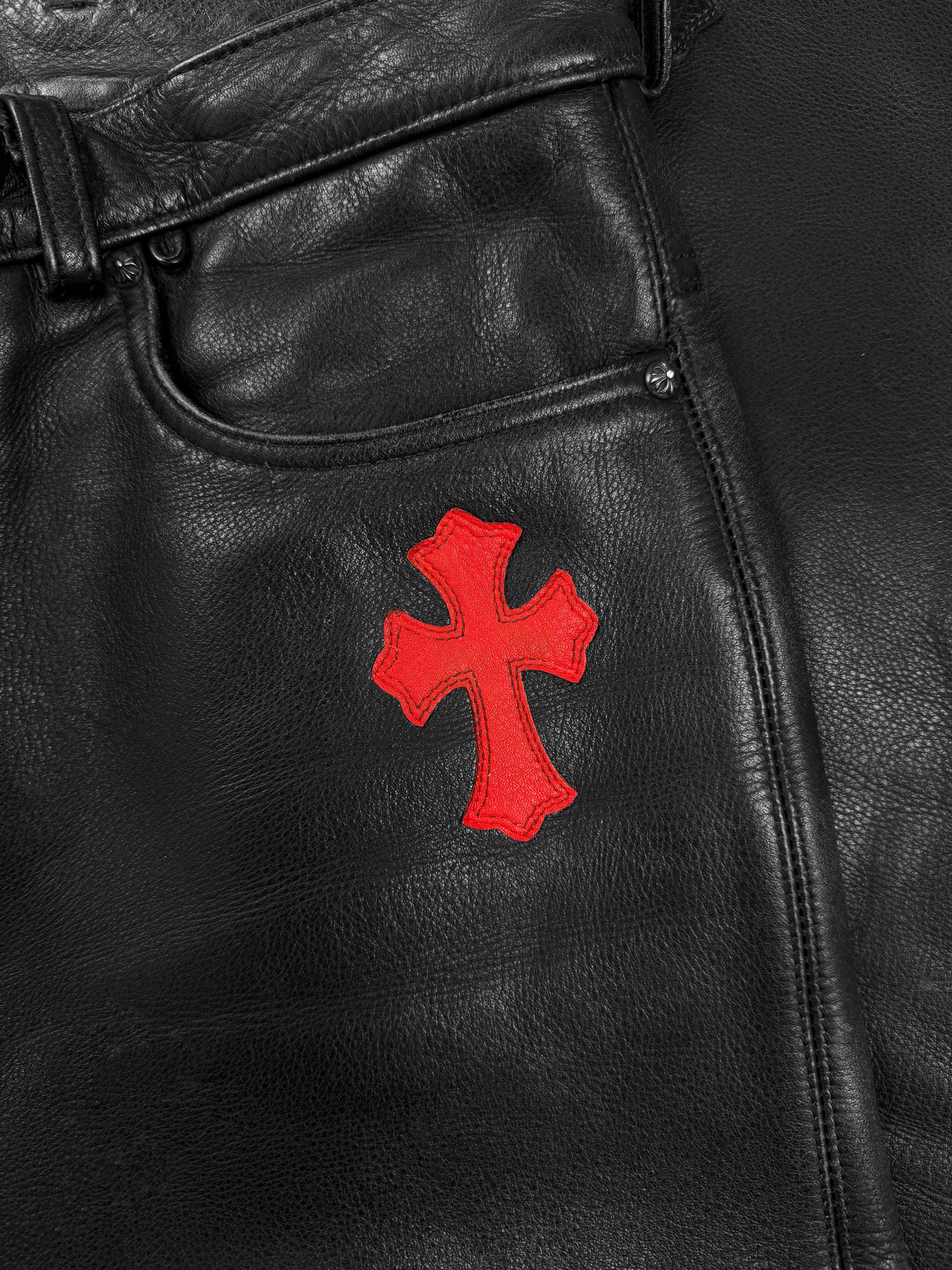 Chrome Hearts Red 20 Cross Patch Fleur Knee Black Leather Pants
