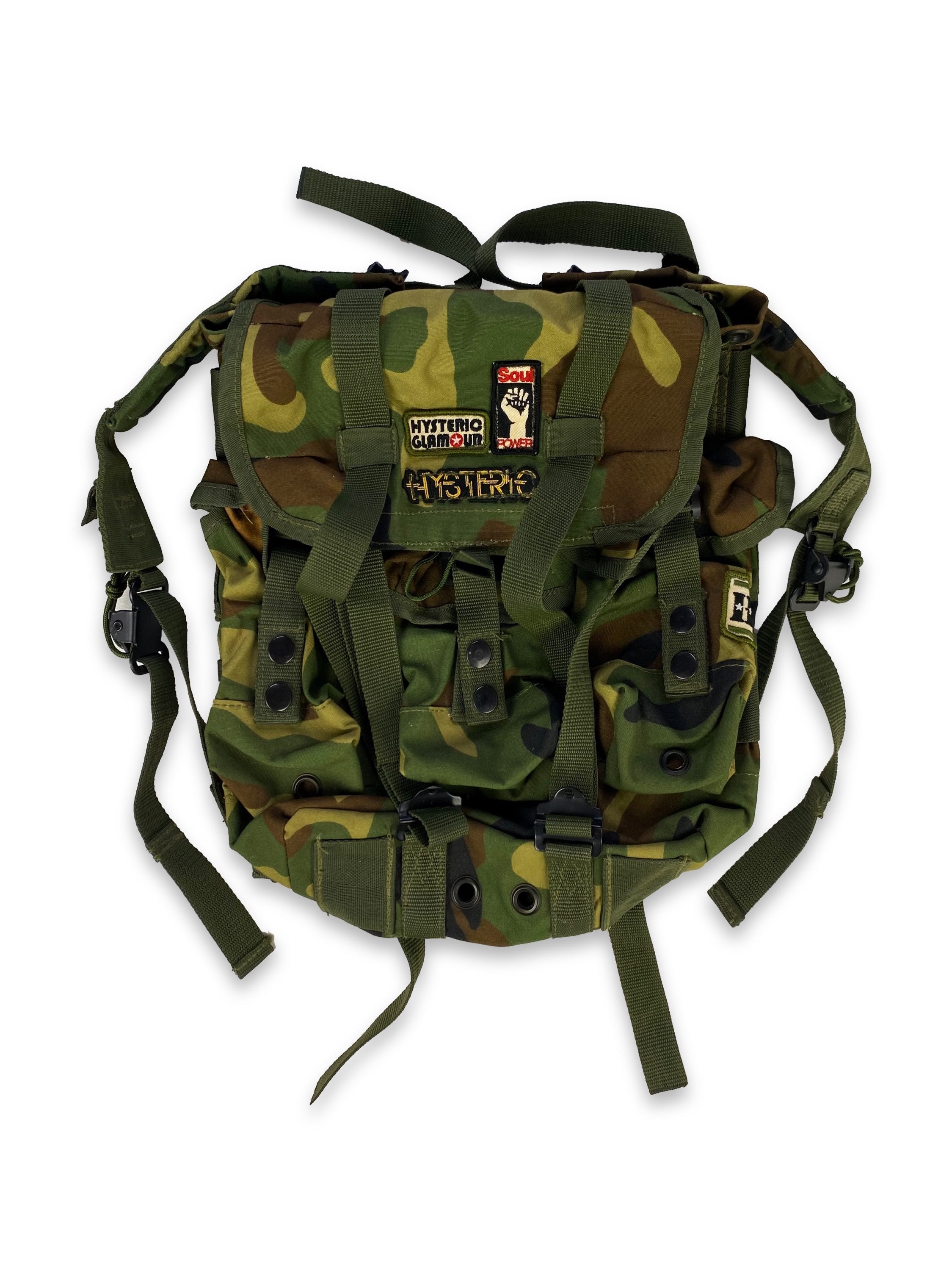 00s Hysteric Glamour Camo Multi Cargo Pocket Top Loading Backpack
