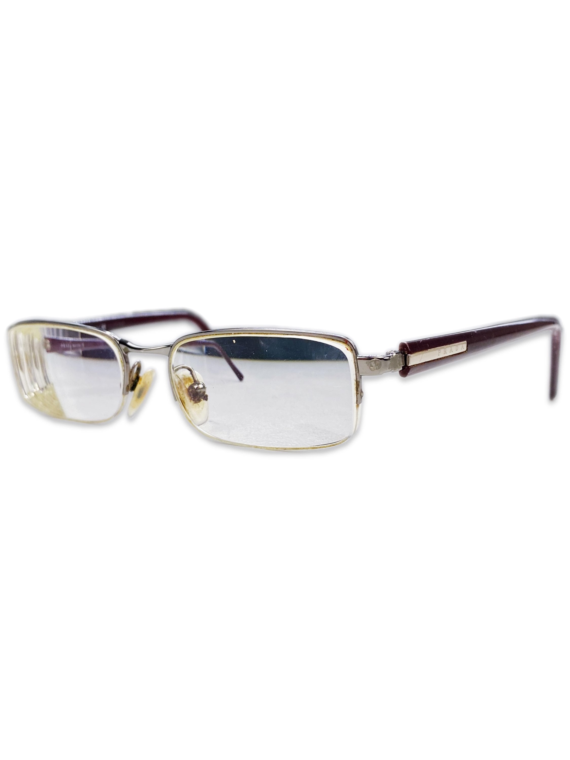 Prada Blood Red Metallic Boxy Frame Glasses
