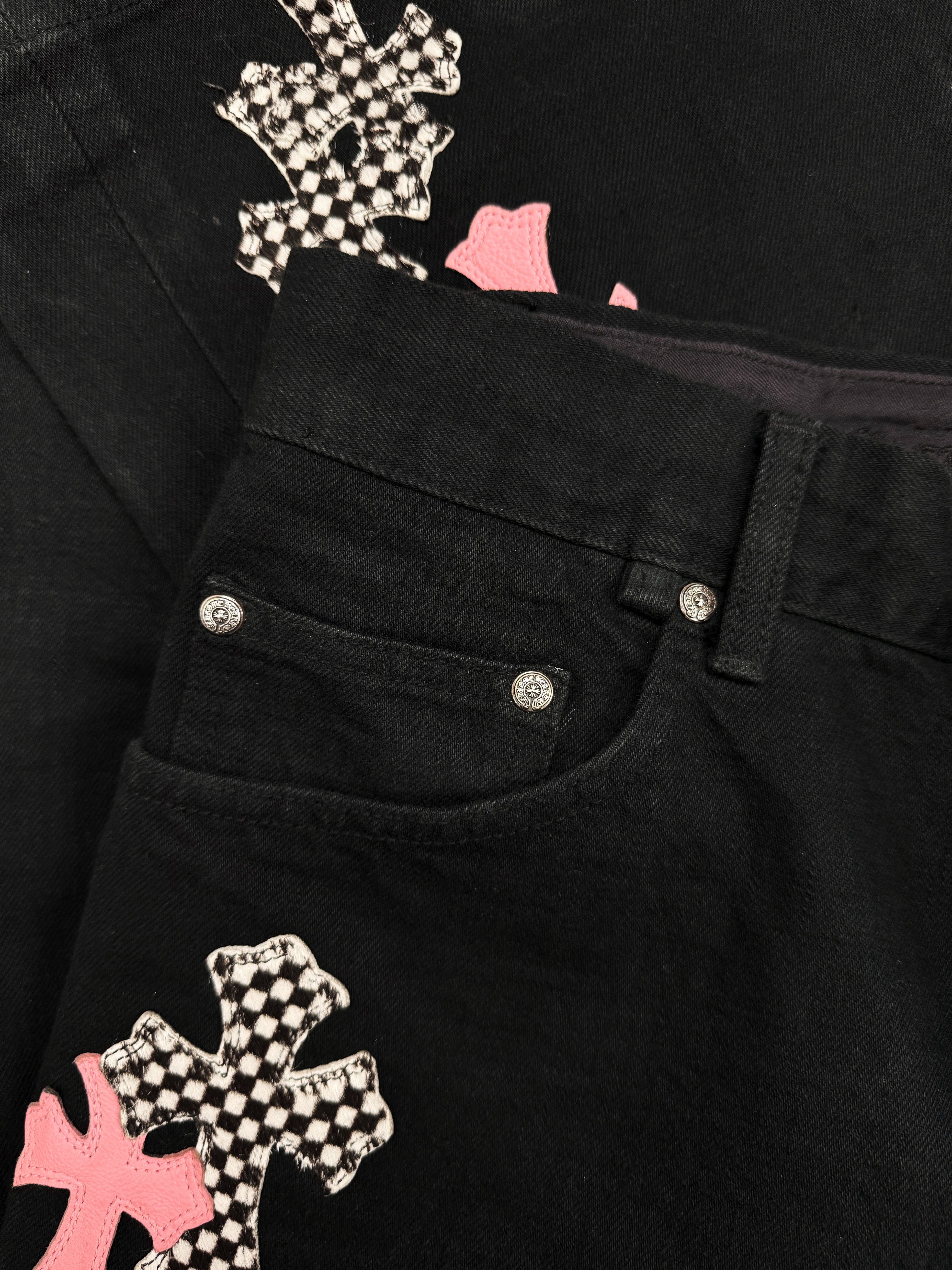 Chrome Hearts Checkered Pink Cross Patch Fleur Knee Denim