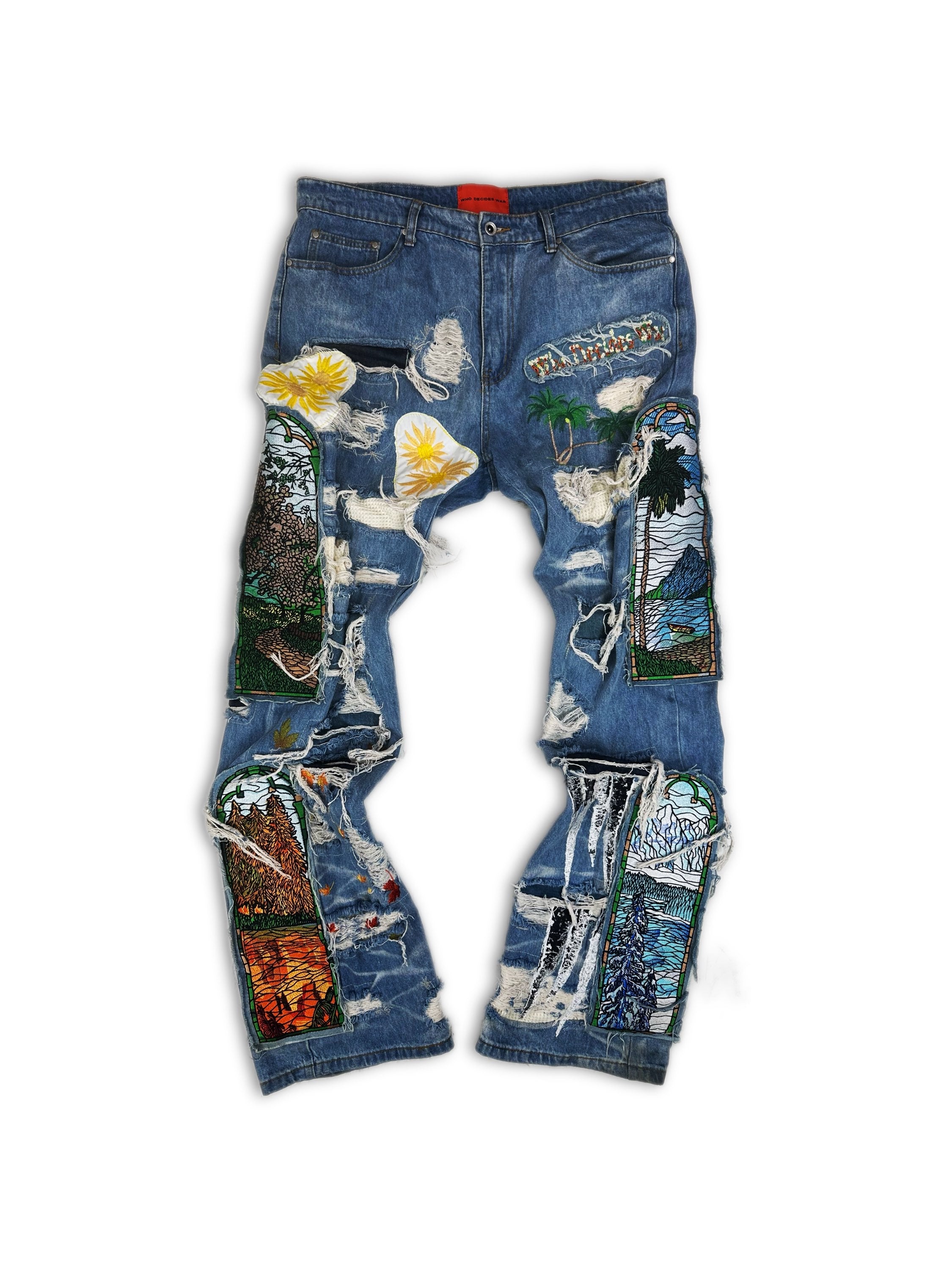 Who Decides War ‘Four Seasons’ Distressed Patchwork Blue Denim