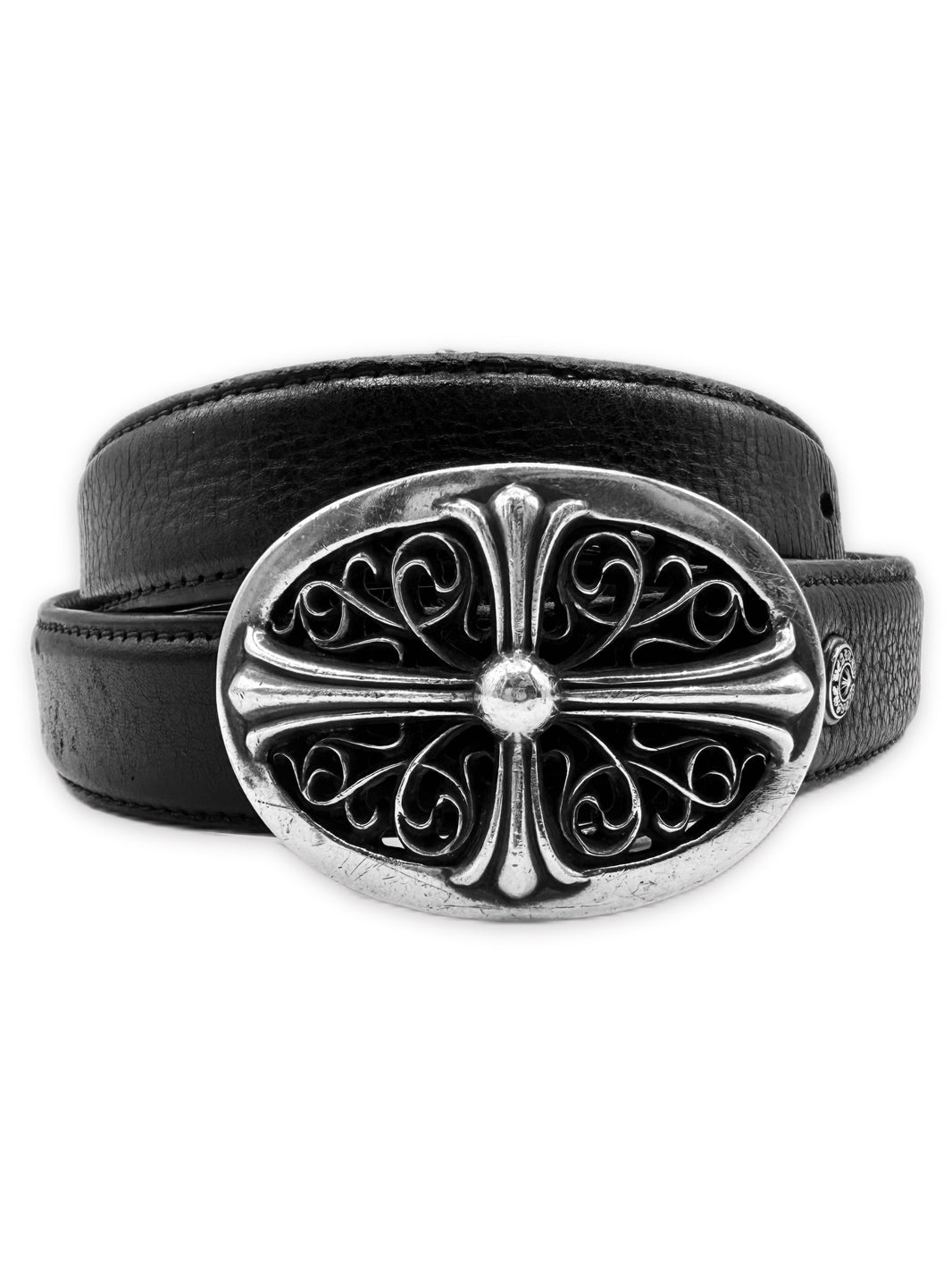Chrome Hearts 1 in Oval Buckle + Black Leather .925 Silver Belt Strap Set