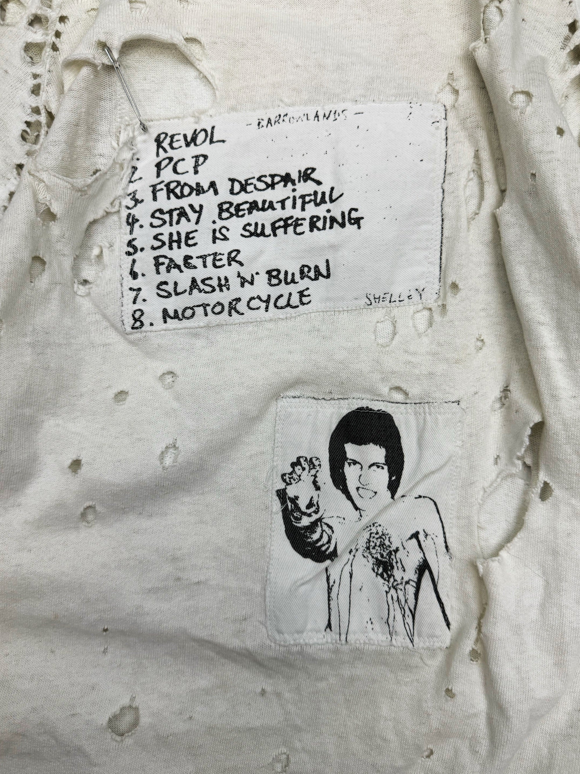 AW01 Raf Simons ‘Riot Riot Riot’ White Distressed Patchwork Crewneck