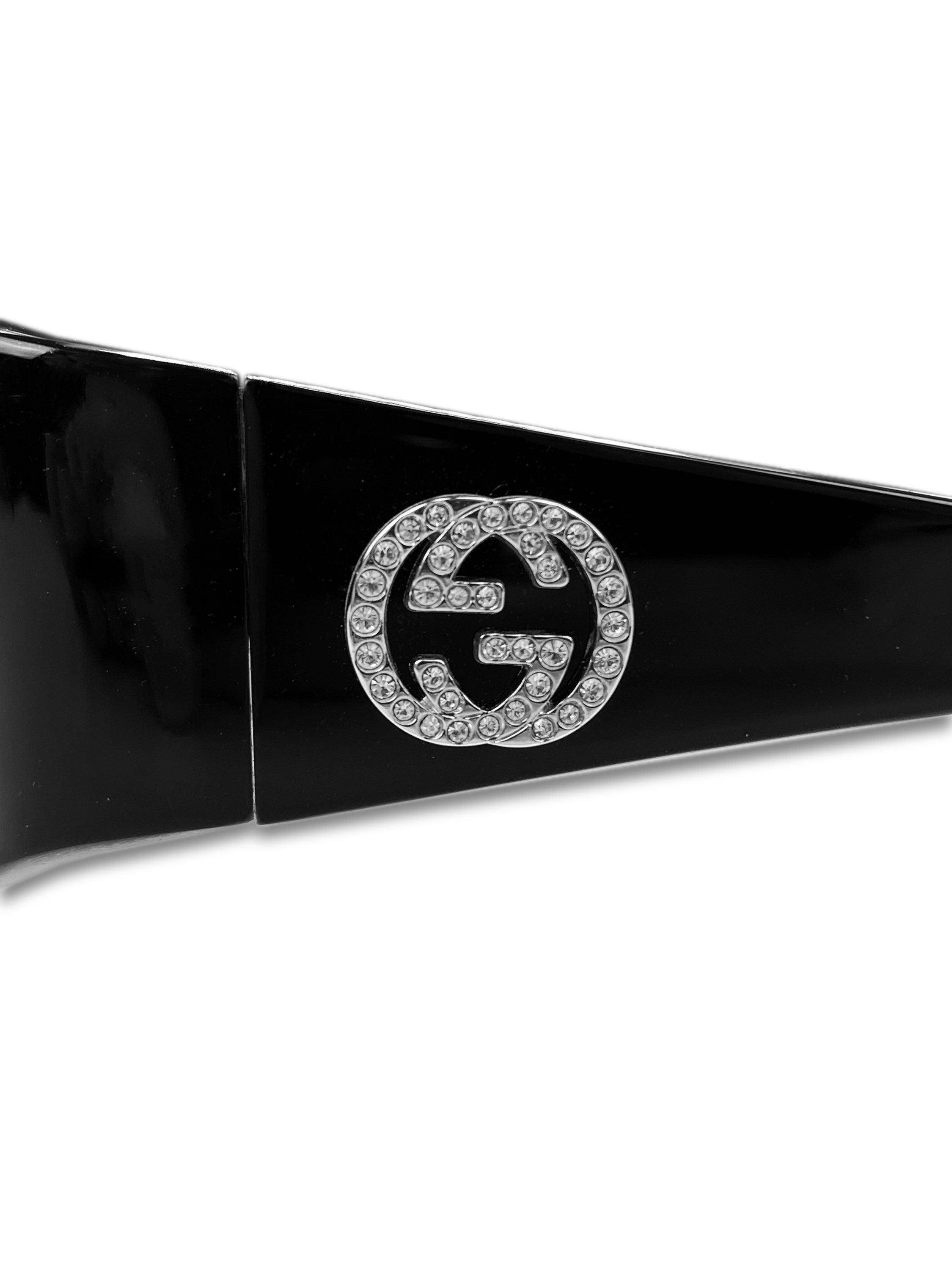 Gucci ‘GG’ Rhinestone Logo Black Glossy Rounded Frame Sunglasses