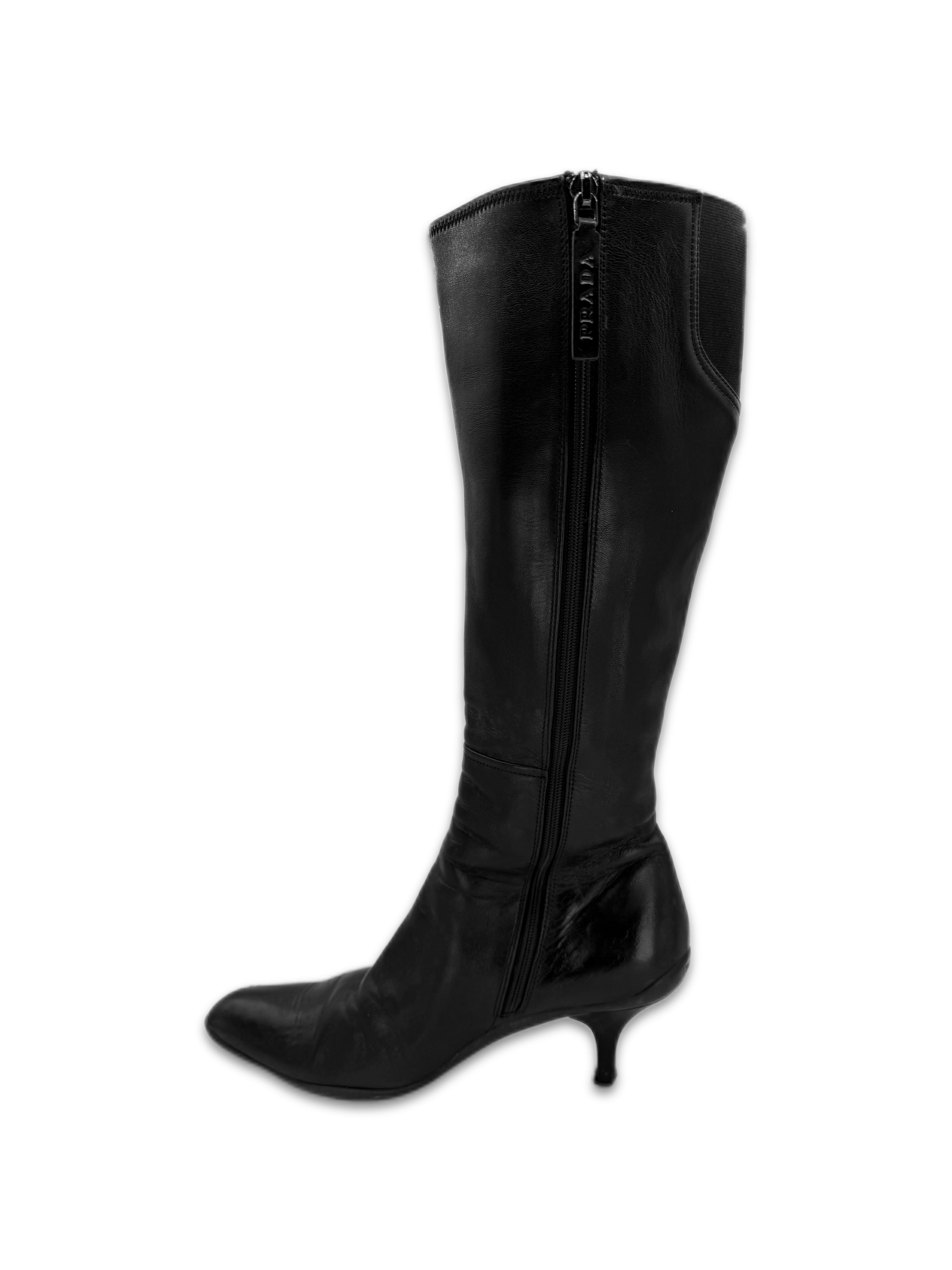 SS99 Prada Black Leather Riding Hi-top Panelled Heel Boots