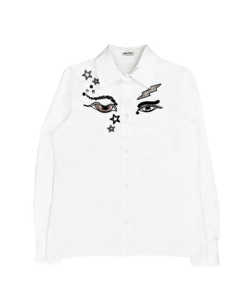 SS15 Miu Miu 3D Beaded Eyes Dagger Collar Patched Button Up