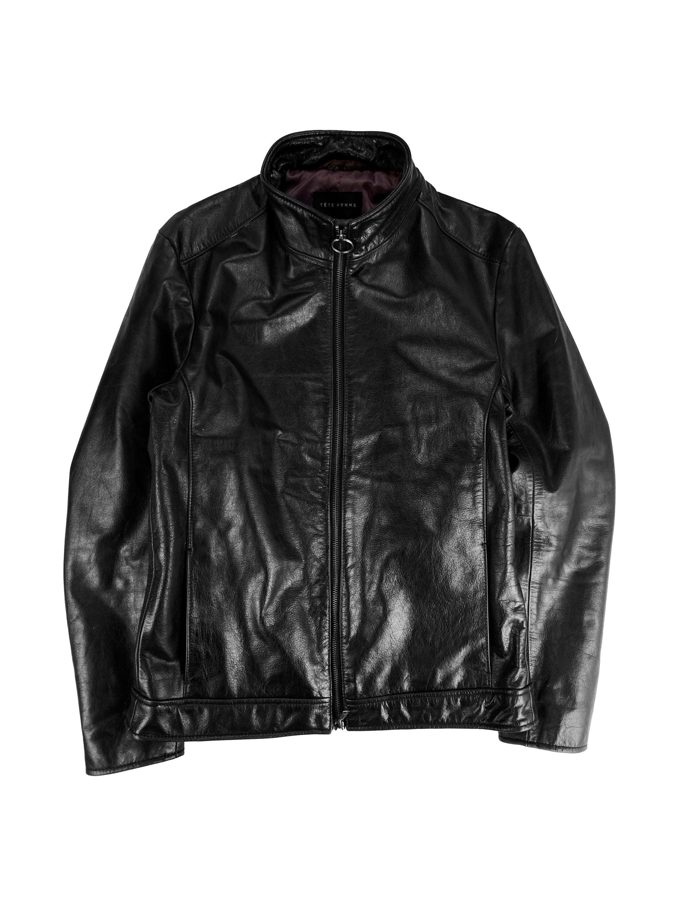 00s Tete Homme Black Leather High Neck Biker Jacket