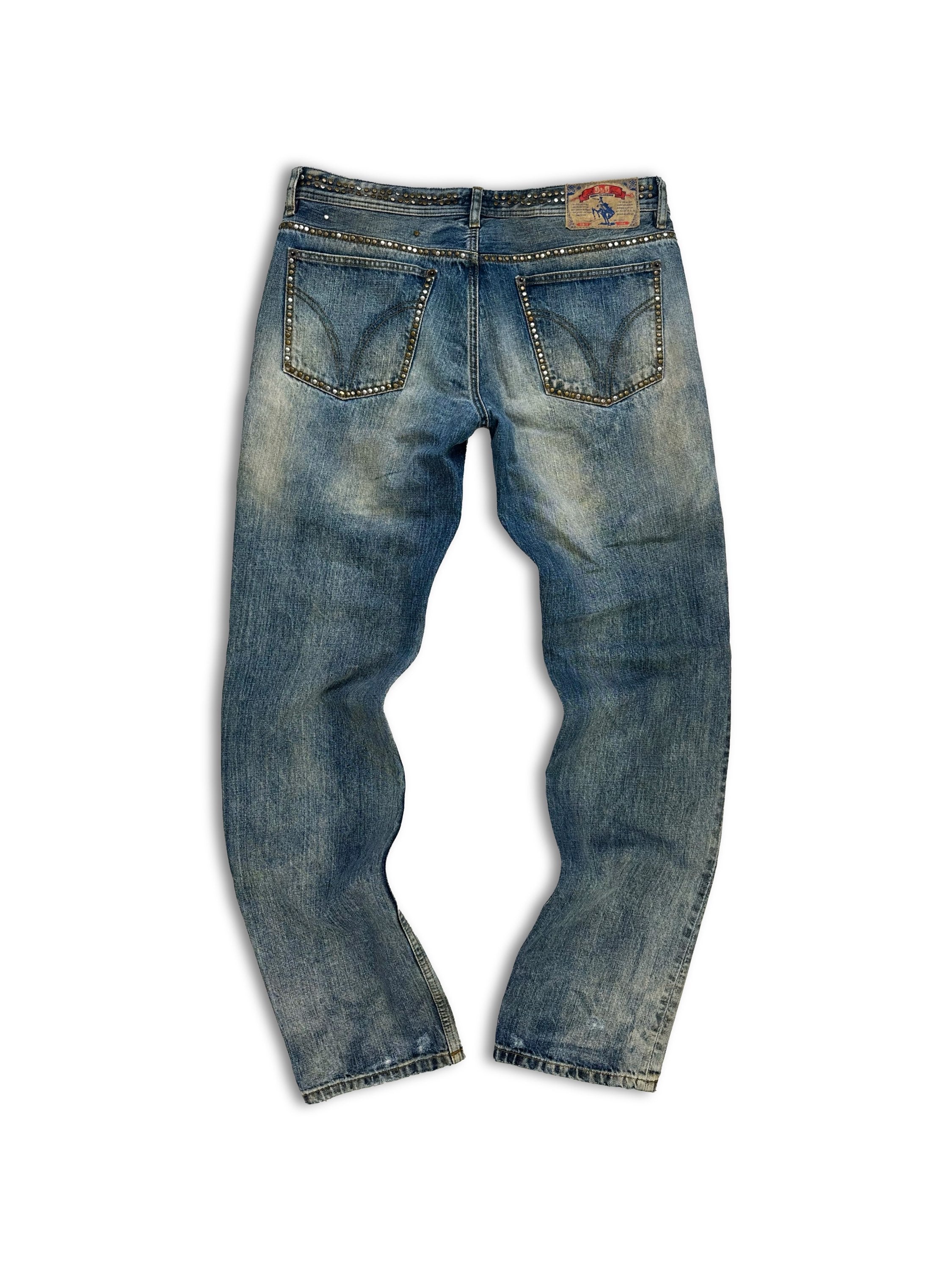 00s Dolce &amp; Gabbana Studded Wide Boot Cut Blue Wash Denim