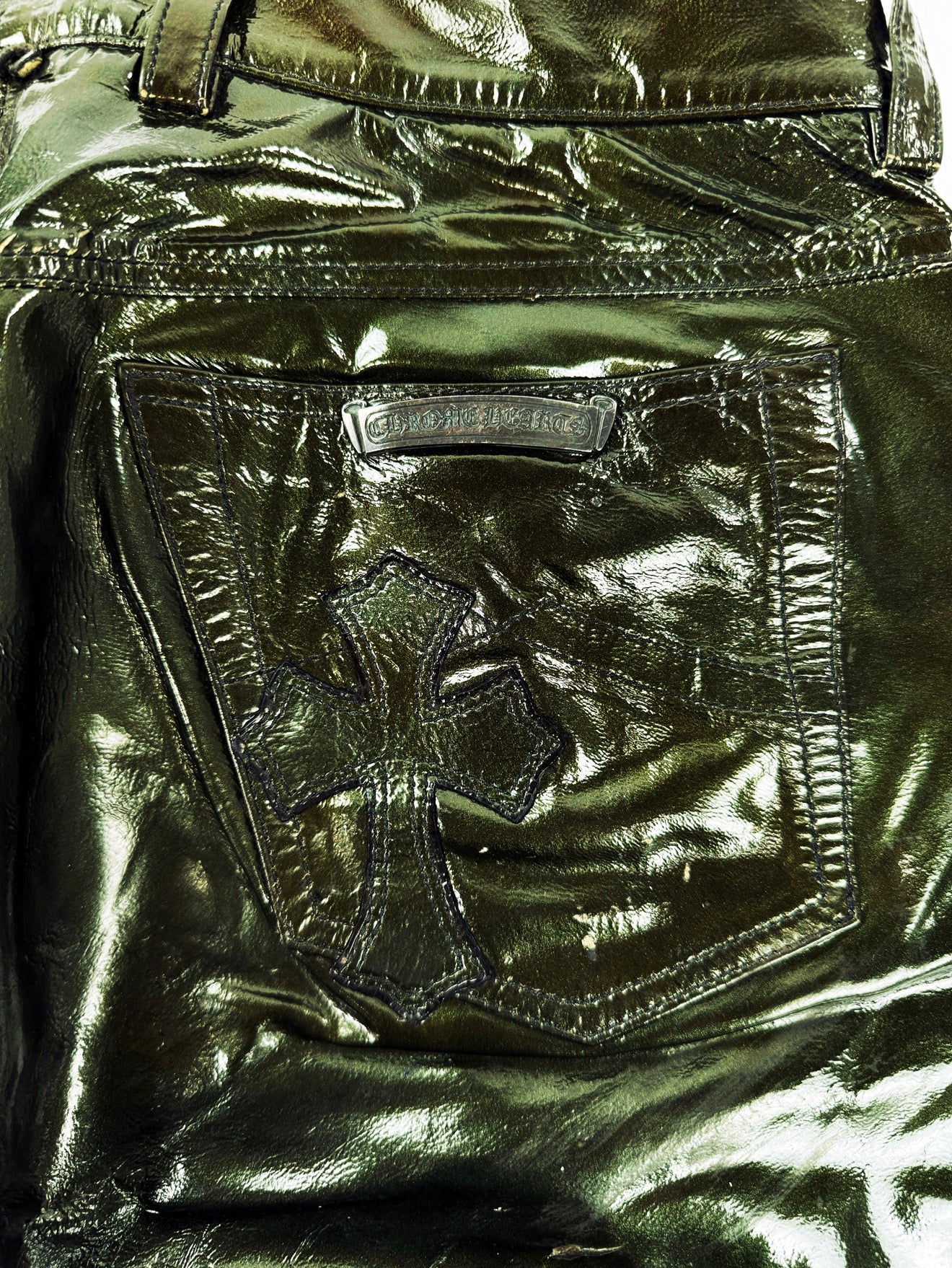 Chrome Hearts Green Galaxy Patent Leather Cross Patch Fleur Knee .925 Pants