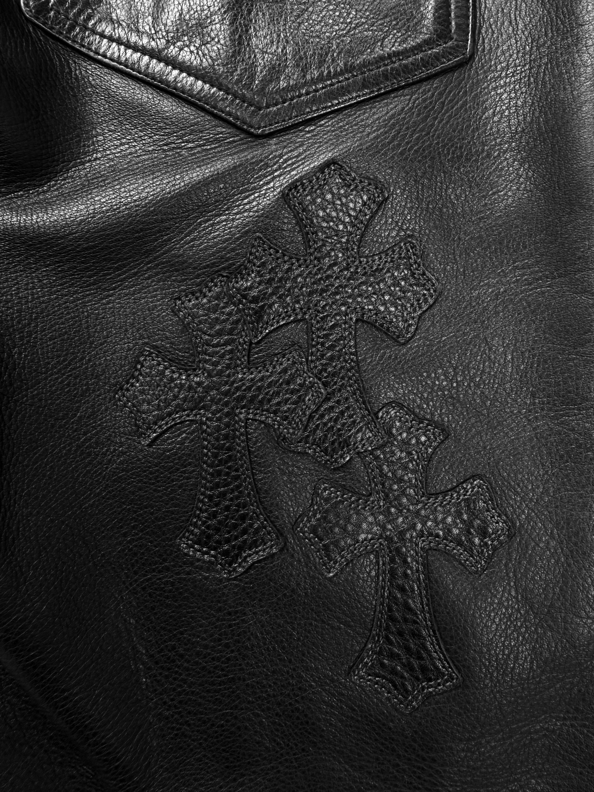 Chrome Hearts Red 20 Cross Patch Fleur Knee Black Leather Pants