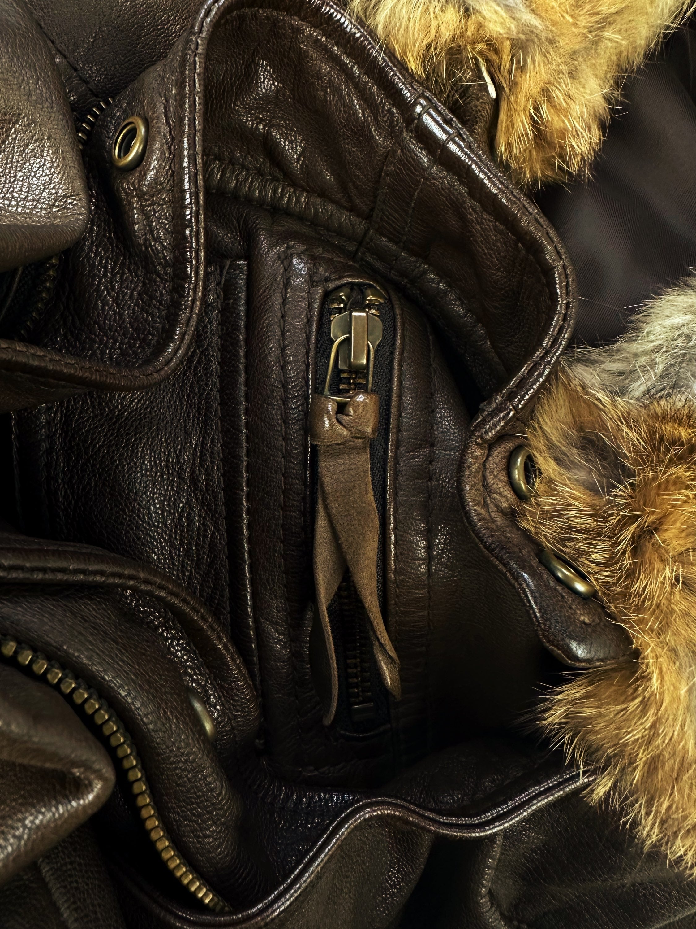 Tete Homme Brown Leather Fur Collar Aviation Jacket