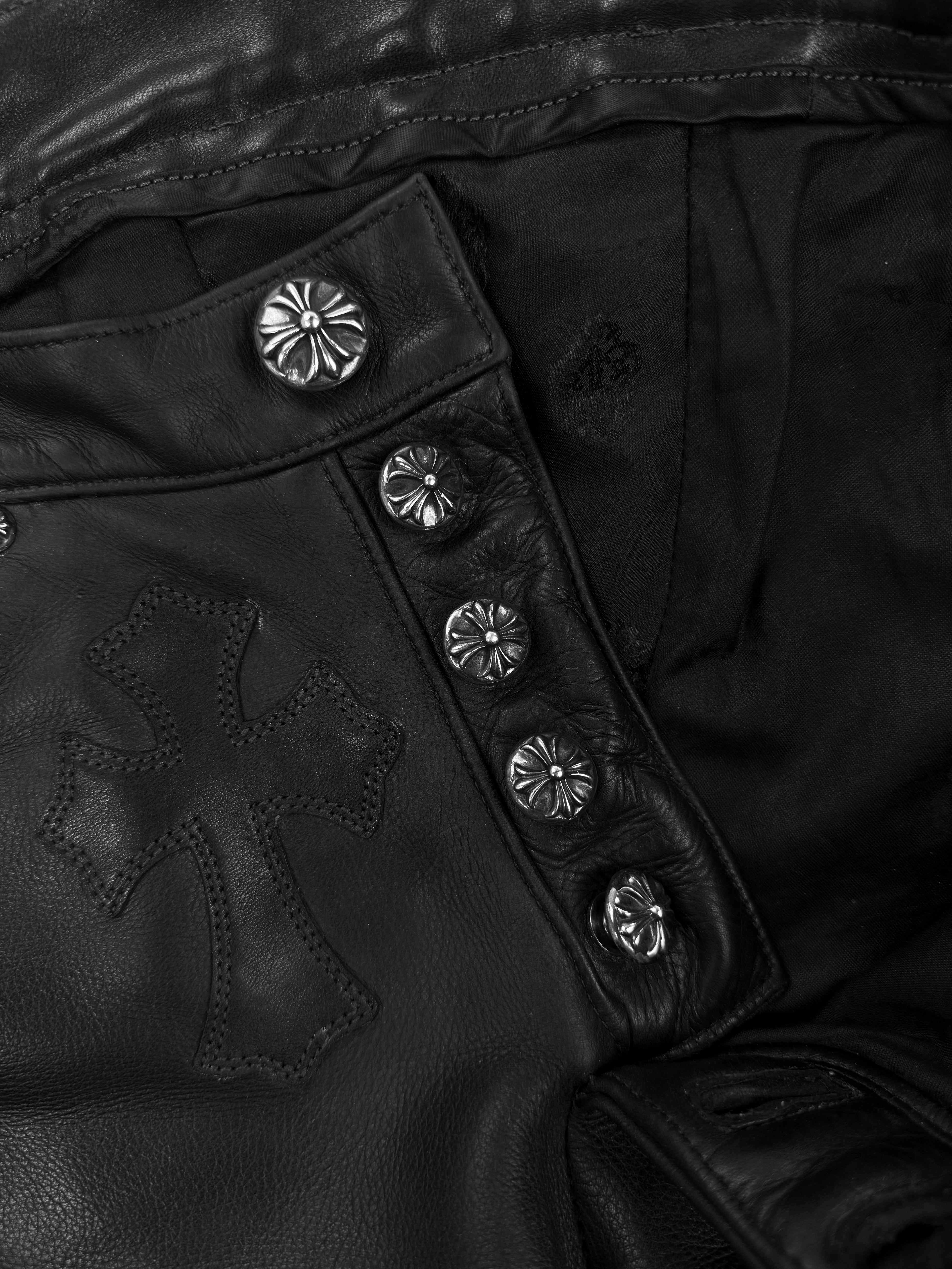 Chrome Hearts 30 Cross Patch Back Buckle Gunslinger Leather Fleur Knee Pants