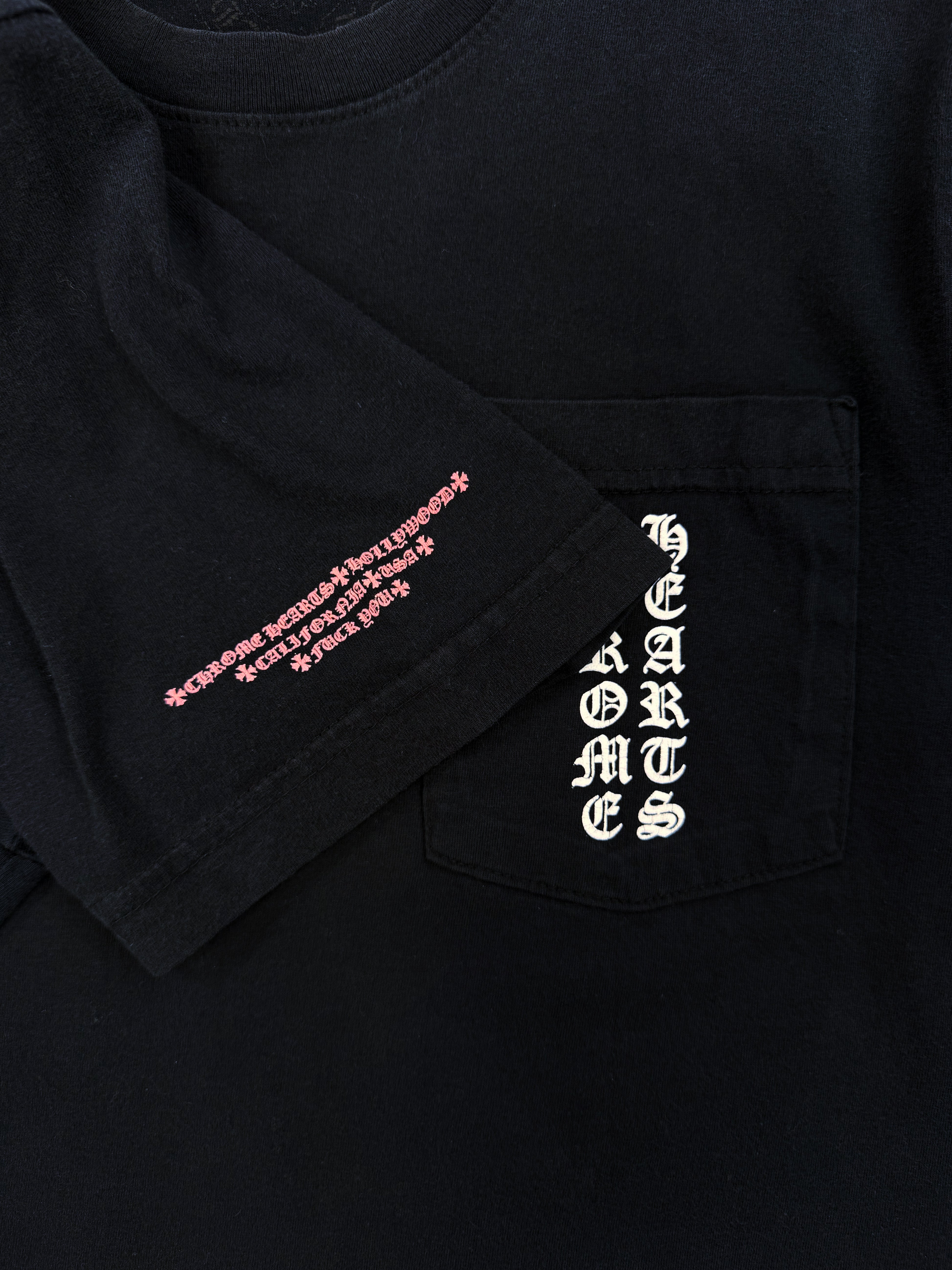 Chrome Hearts Pink Hollywood Vertical Logo Fuck You Black Logo T-Shirt