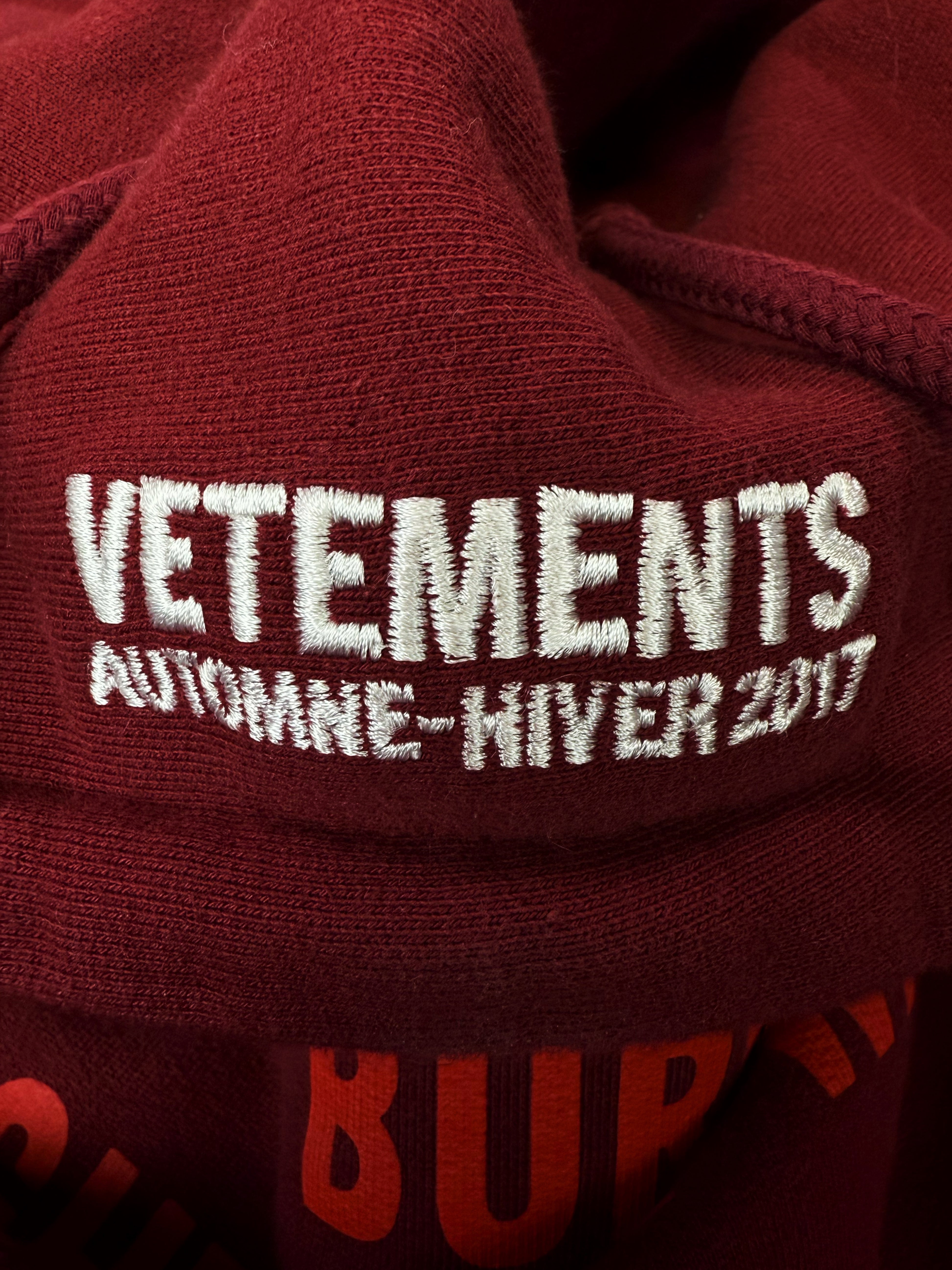 AW17 Vetements Homme ‘Bridges I Burn’ Burgundy Slogan Hoodie