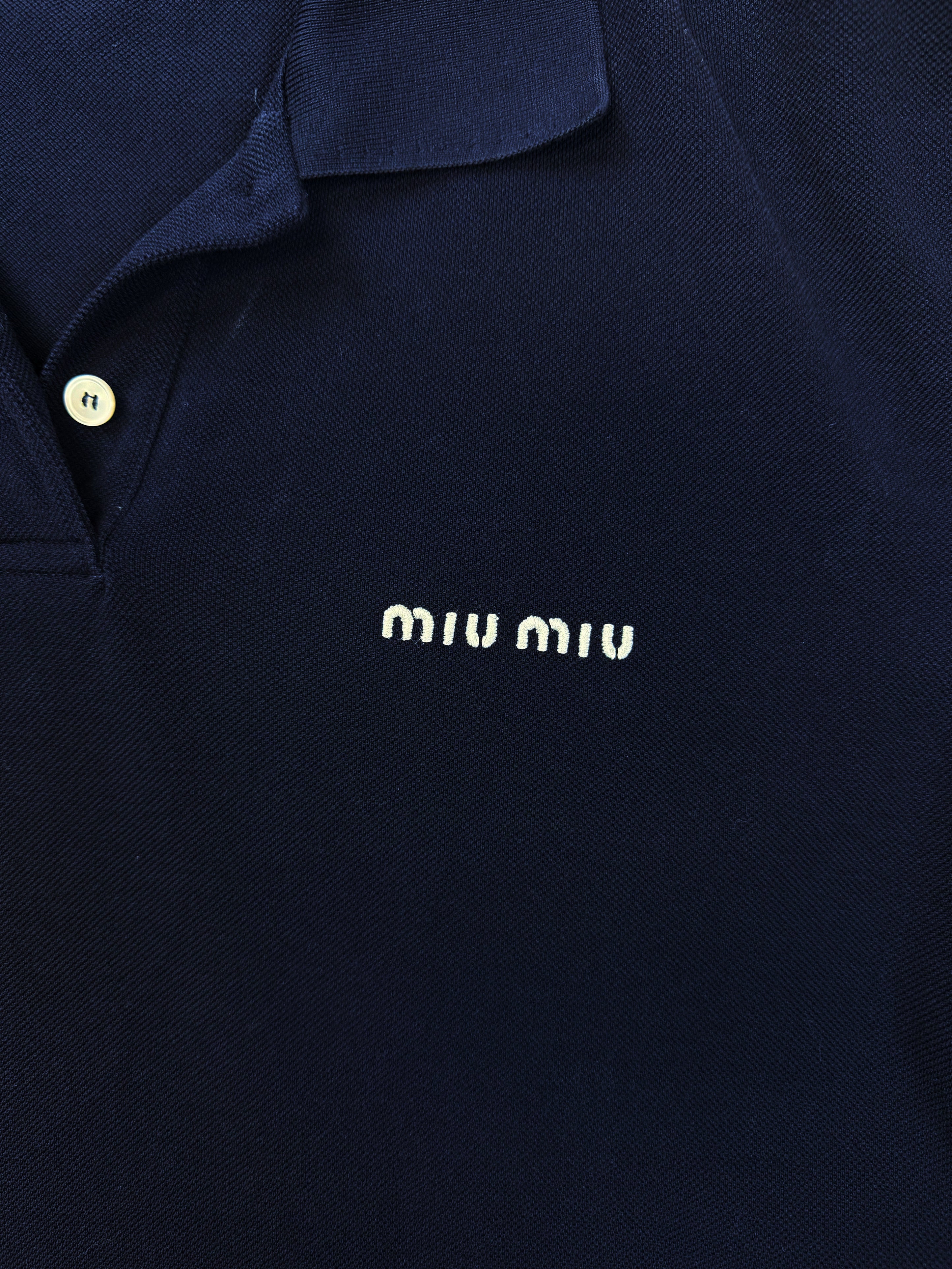 SS24 Miu Miu Embroidered Logo Navy Blue Short Sleeve Polo