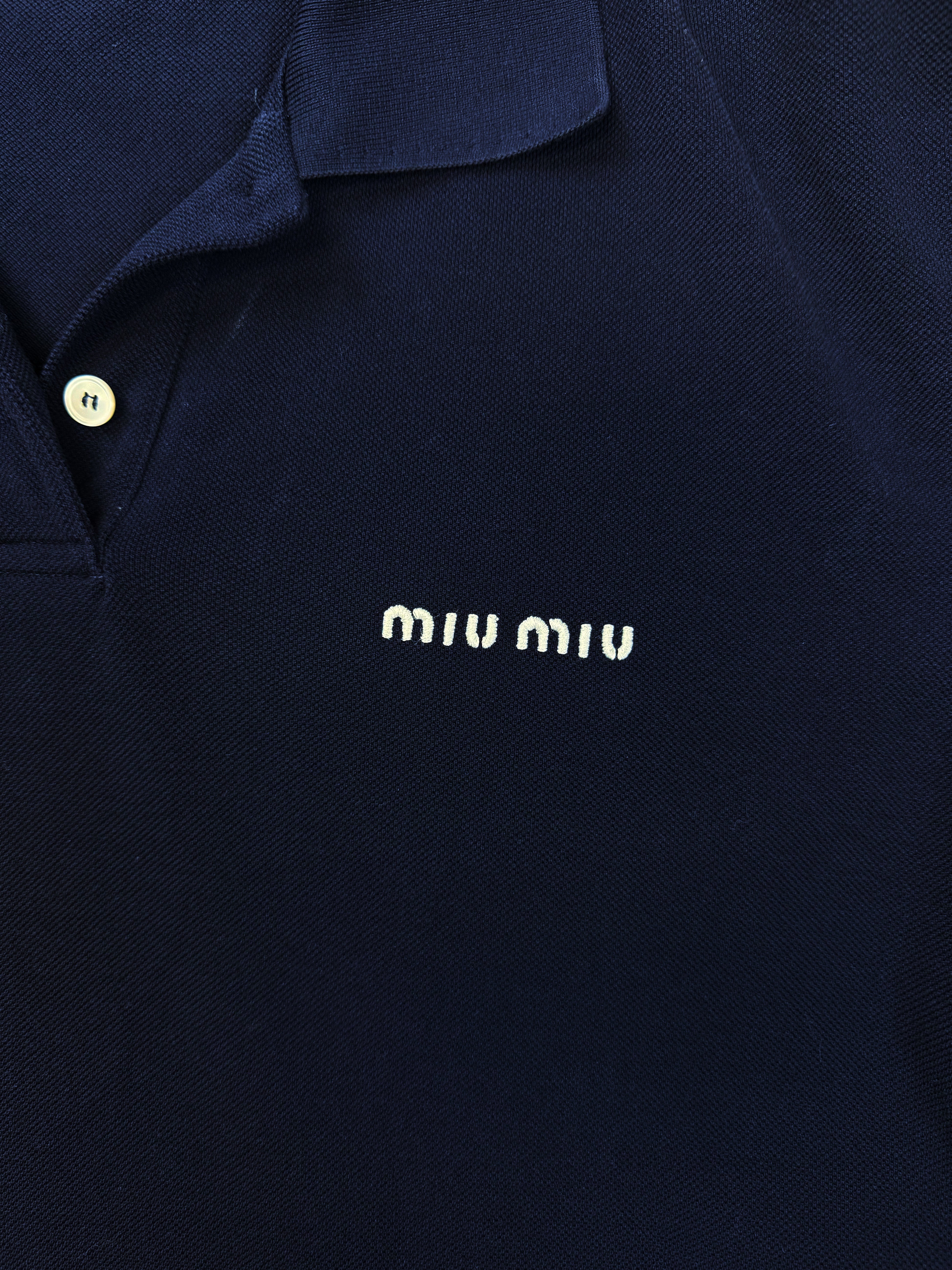SS24 Miu Miu Embroidered Logo Navy Blue Short Sleeve Polo