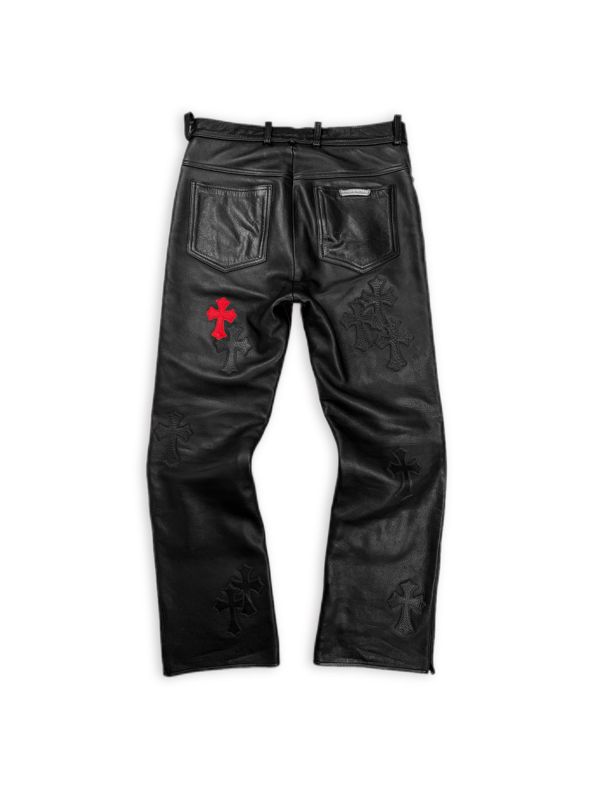 Chrome Hearts Red 20 Cross Patch Fleur Knee Black Leather Pants
