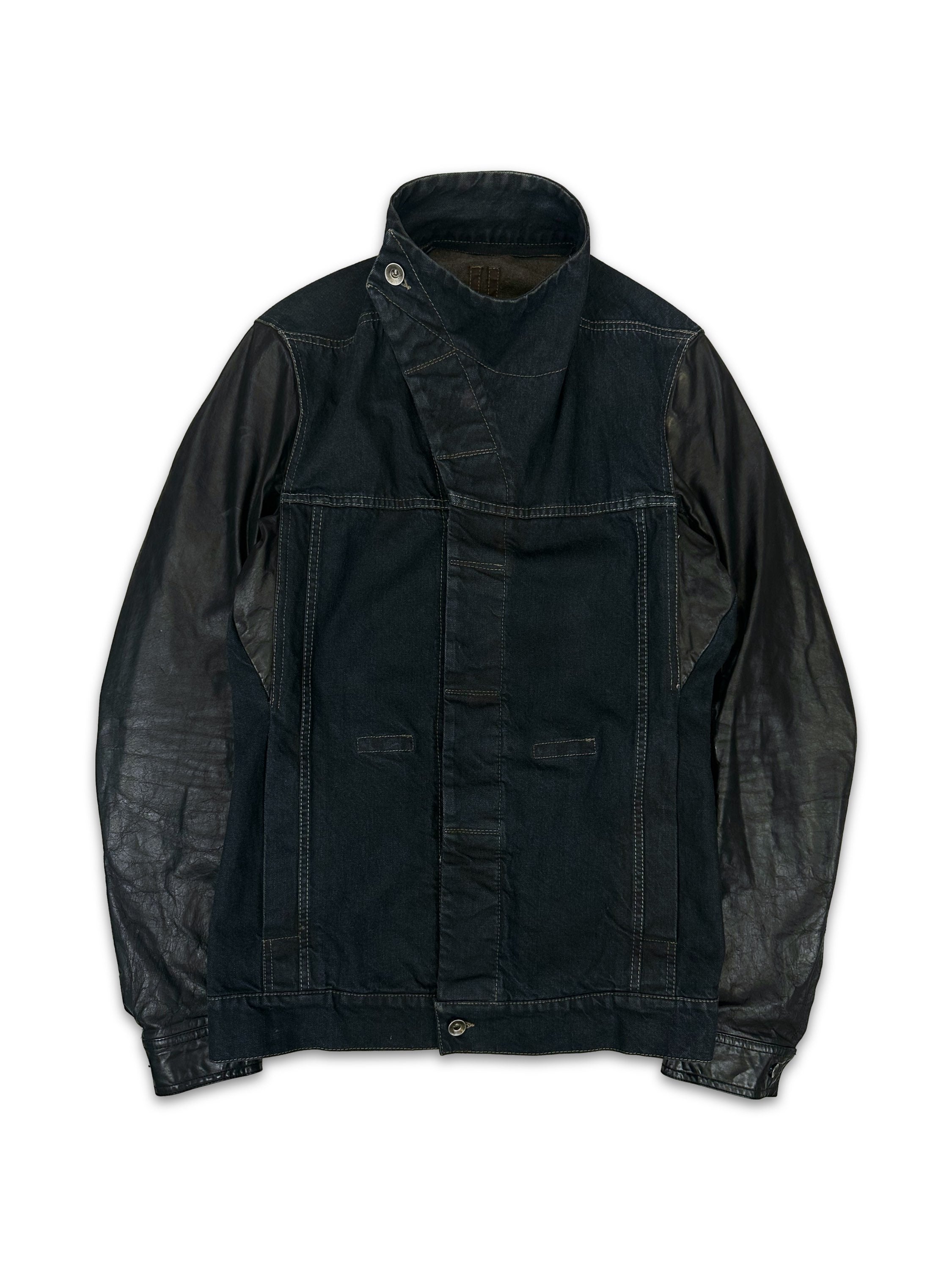 SS16 Rick Owens Asymmetric Leather Sleeve High Neck Denim Jacket
