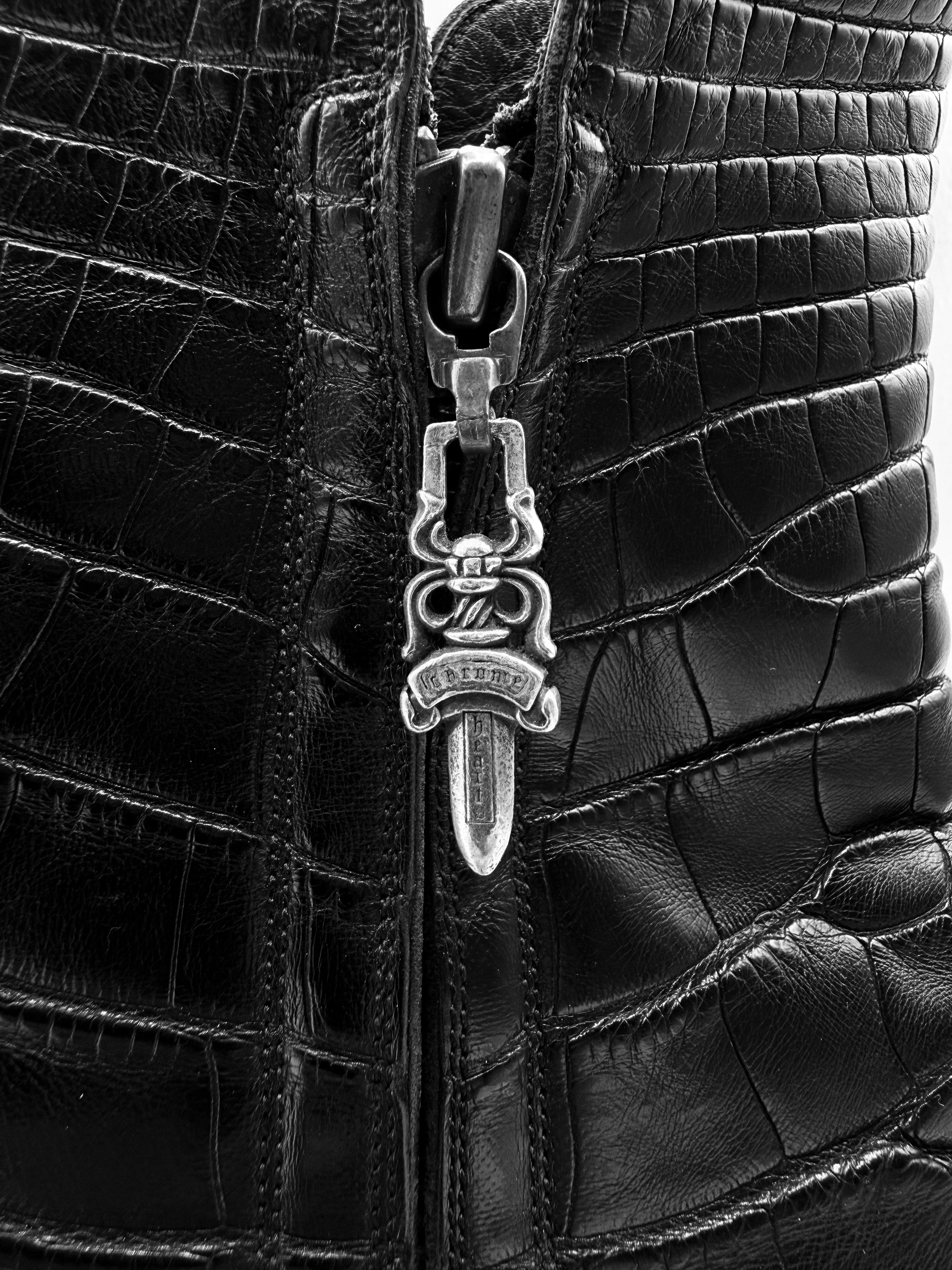 Chrome Hearts Crocodile Dagger Zip Black Leather Oak Sole Boots