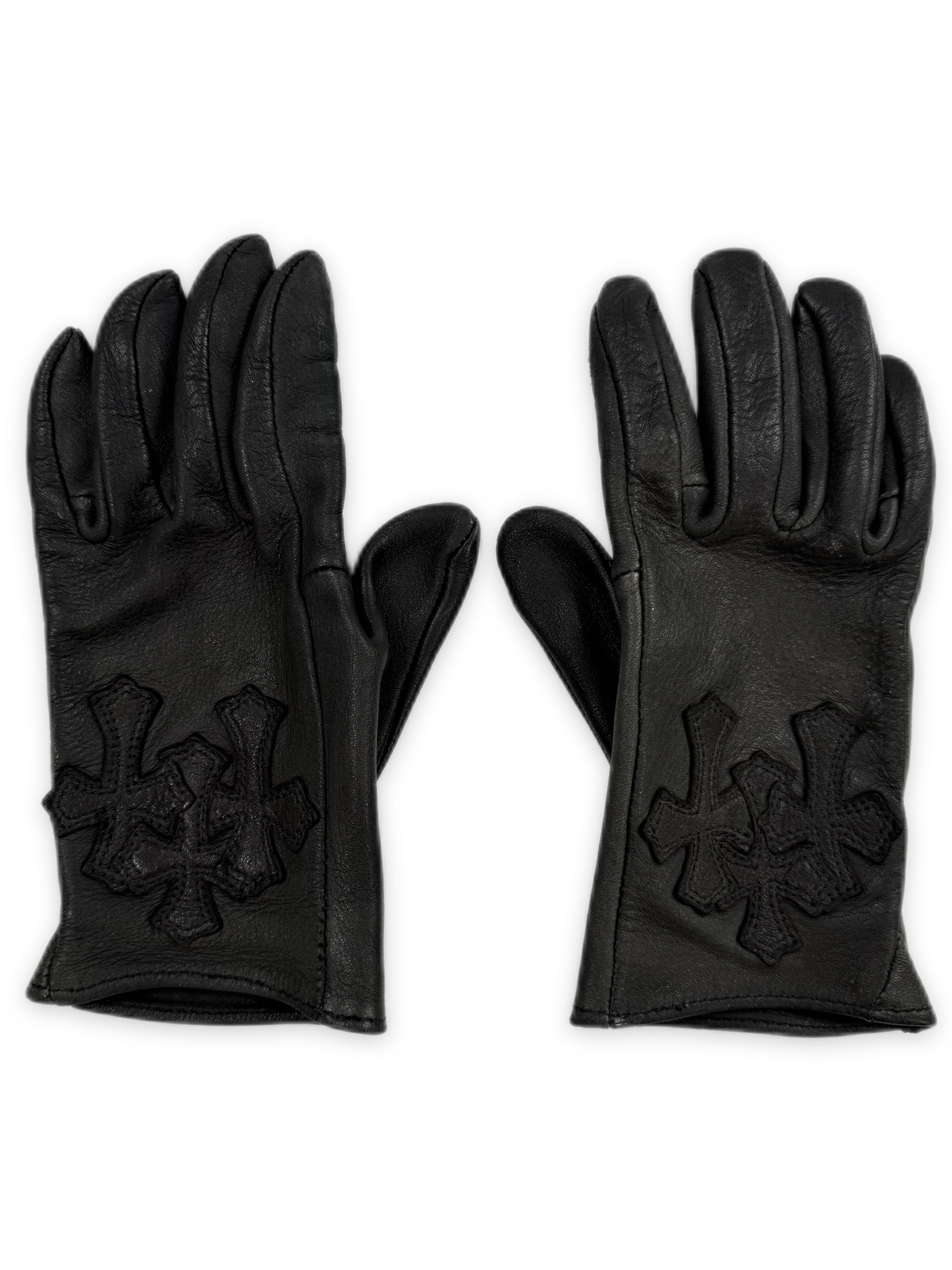 Chrome Hearts Triple Cross Patch Cemetery Black Leather Gloves