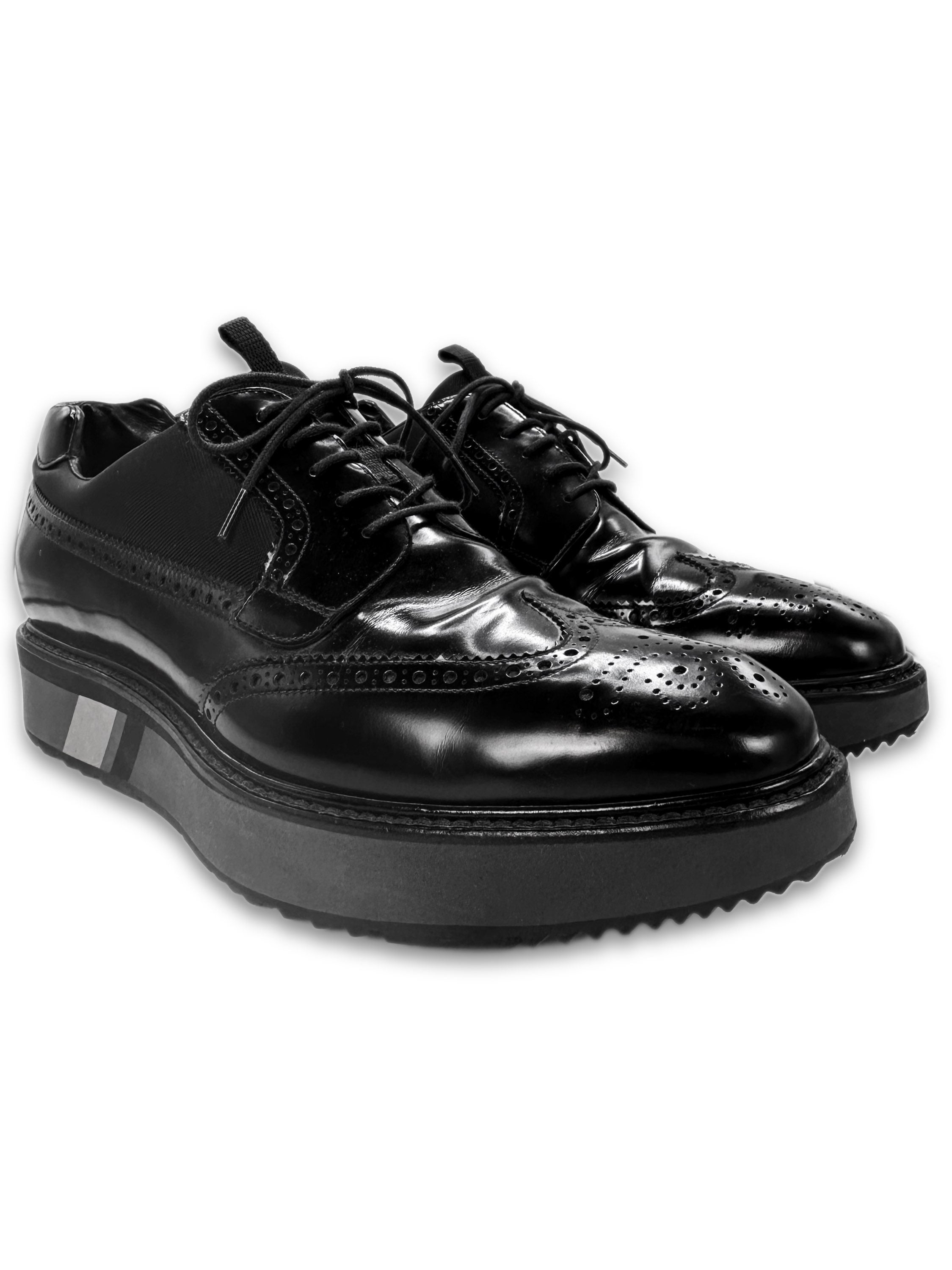 Prada Black Leather Striped Platform Brouge Loafers