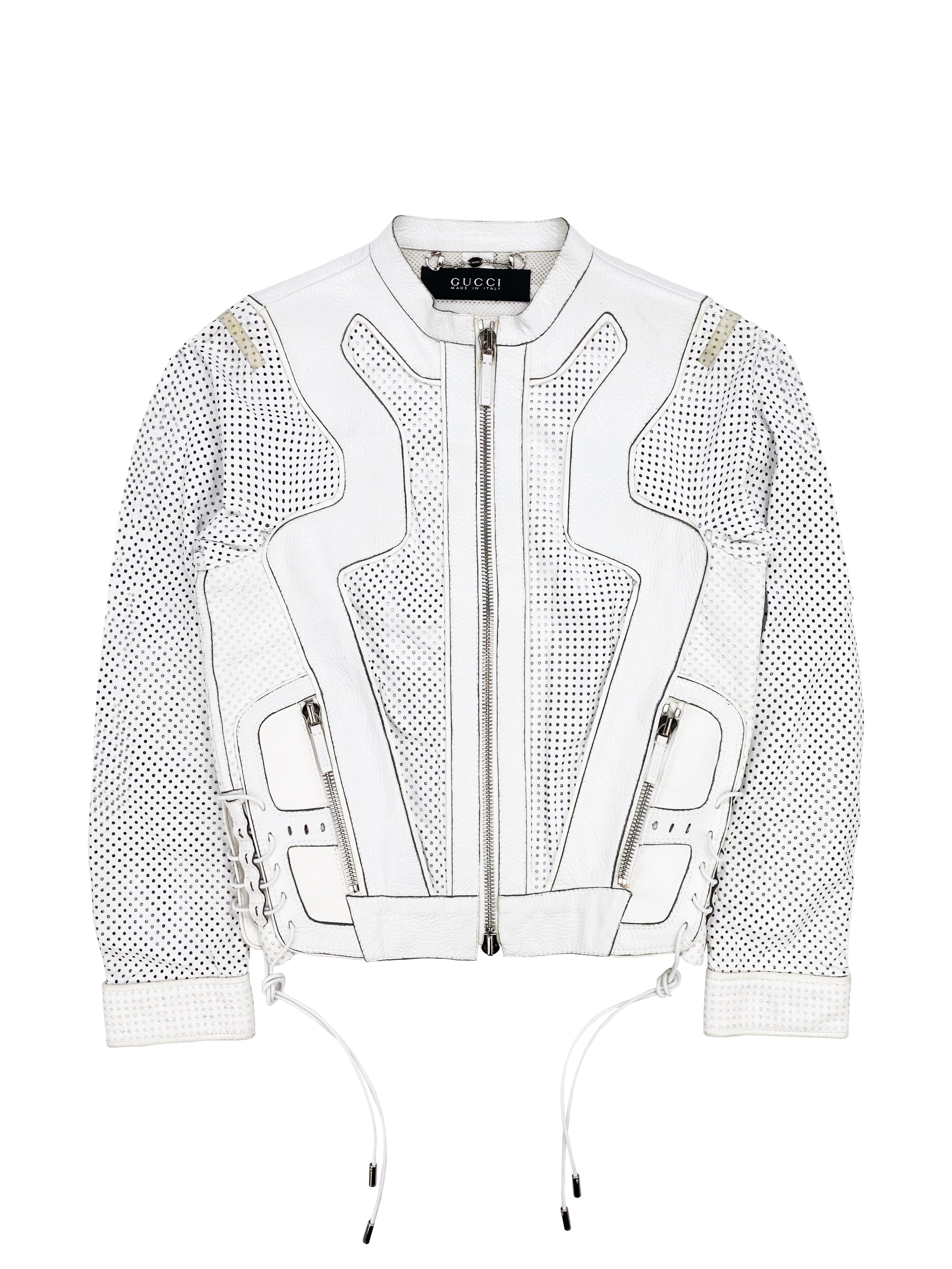 Gucci by Tom Ford White Leather Perforated Laced Racing Jacket