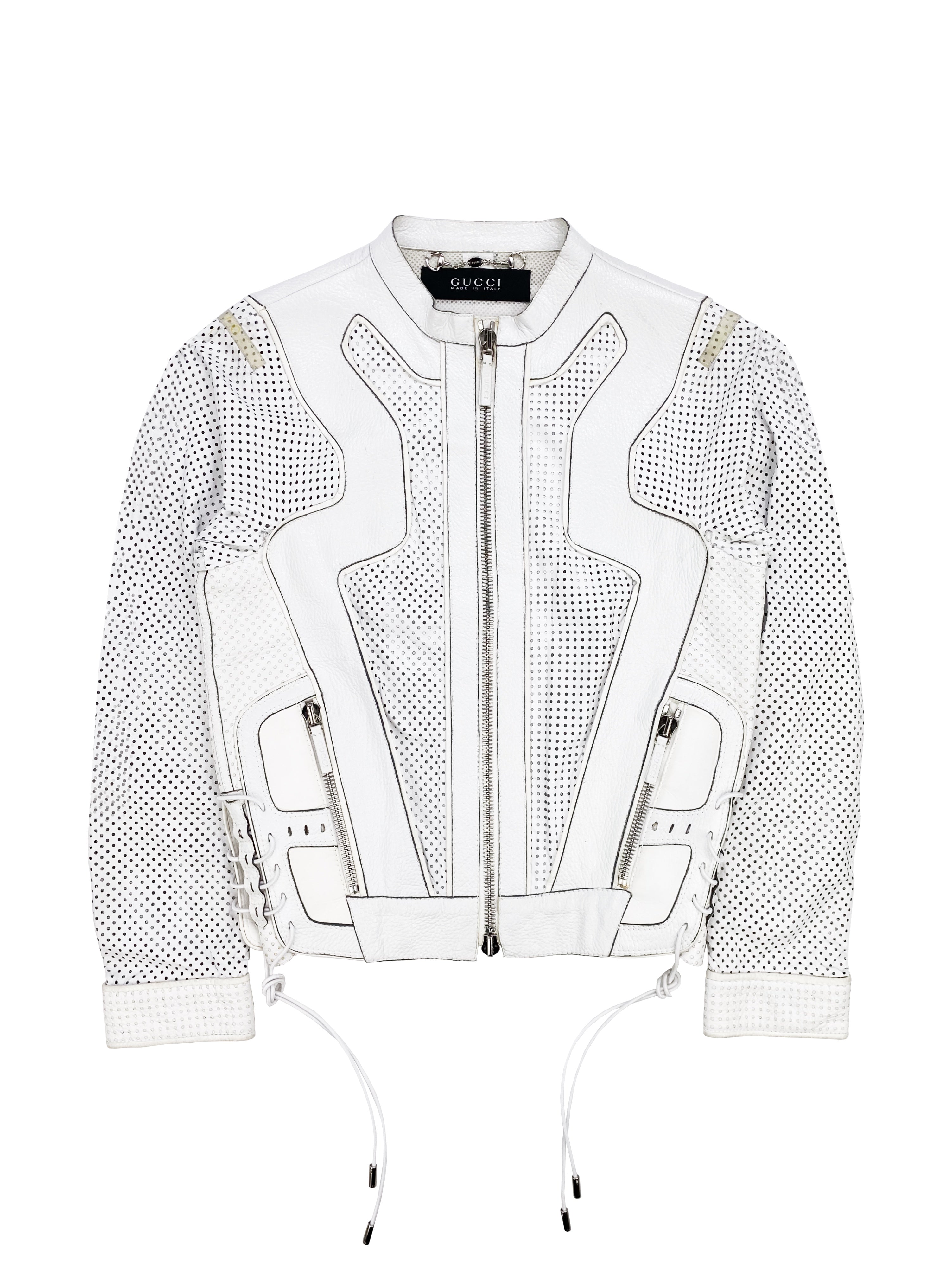 Gucci by Tom Ford White Leather Perforated Laced Racing Jacket
