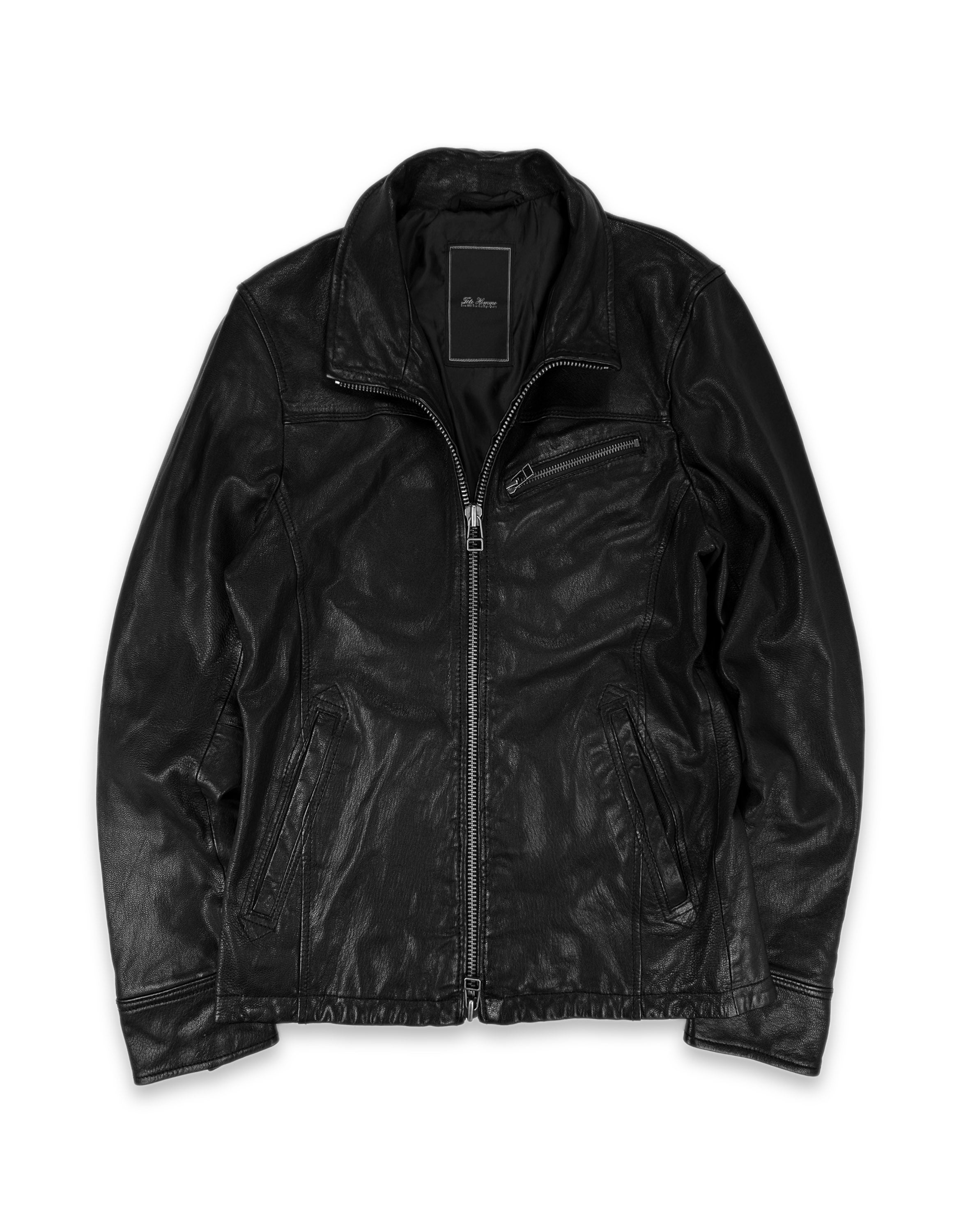 00s Tete Homme Black Leather High Neck Biker Jacket