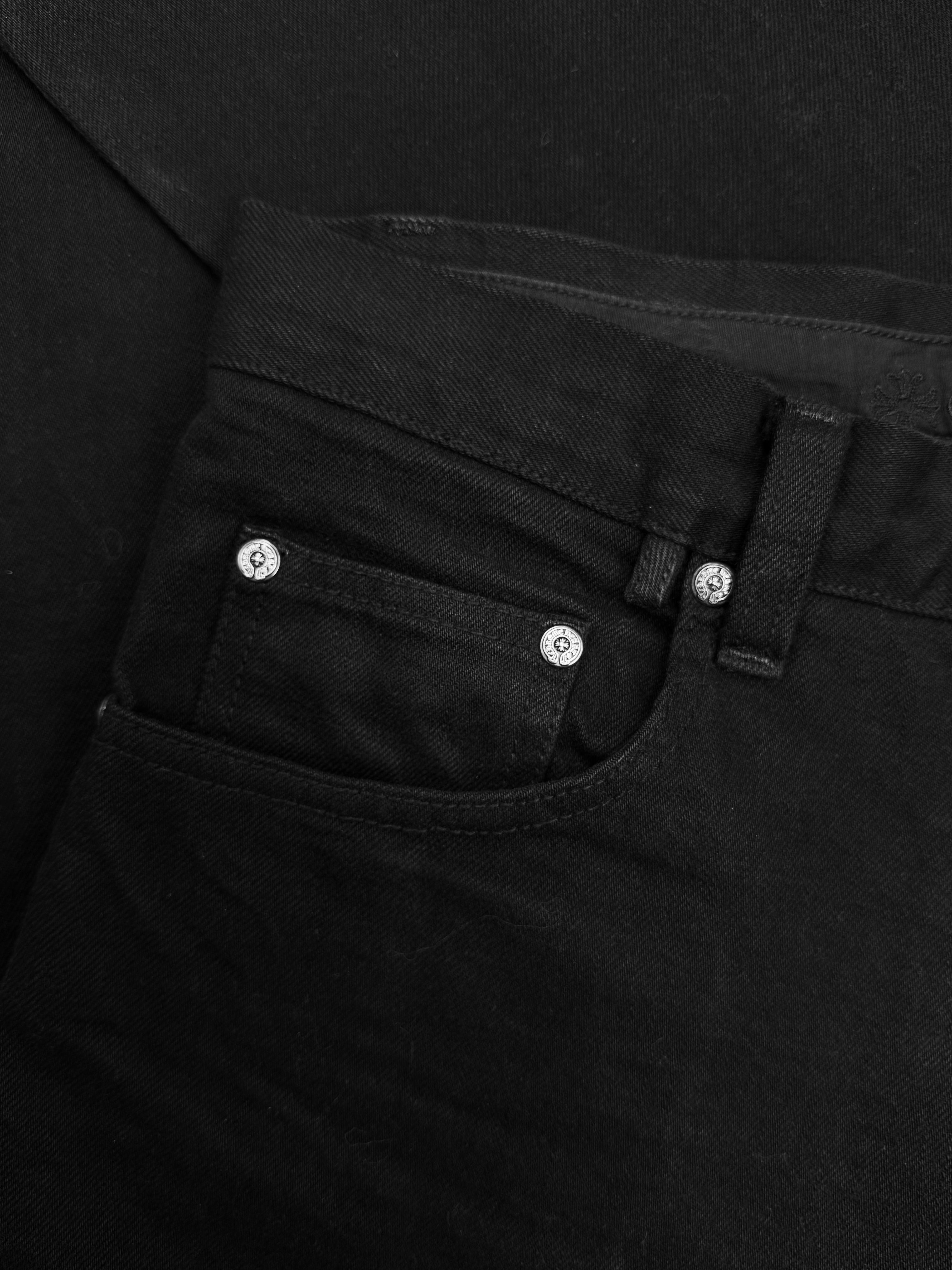 Chrome Hearts Flared .925 Silver Button Fly Black Scroll Denim