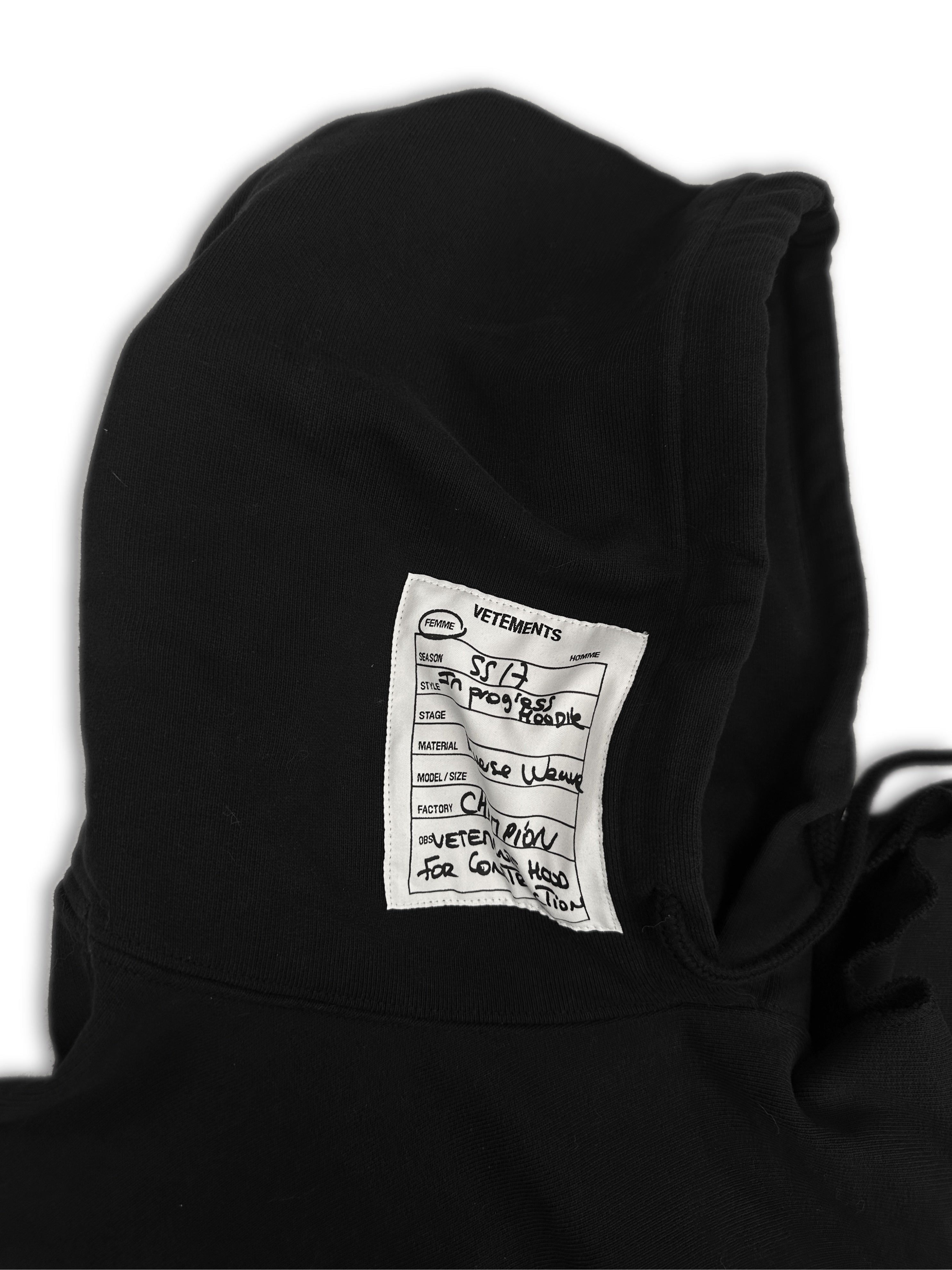 SS17 Vetements x Champion ‘In Progress’ Cut Out Black Hoodie