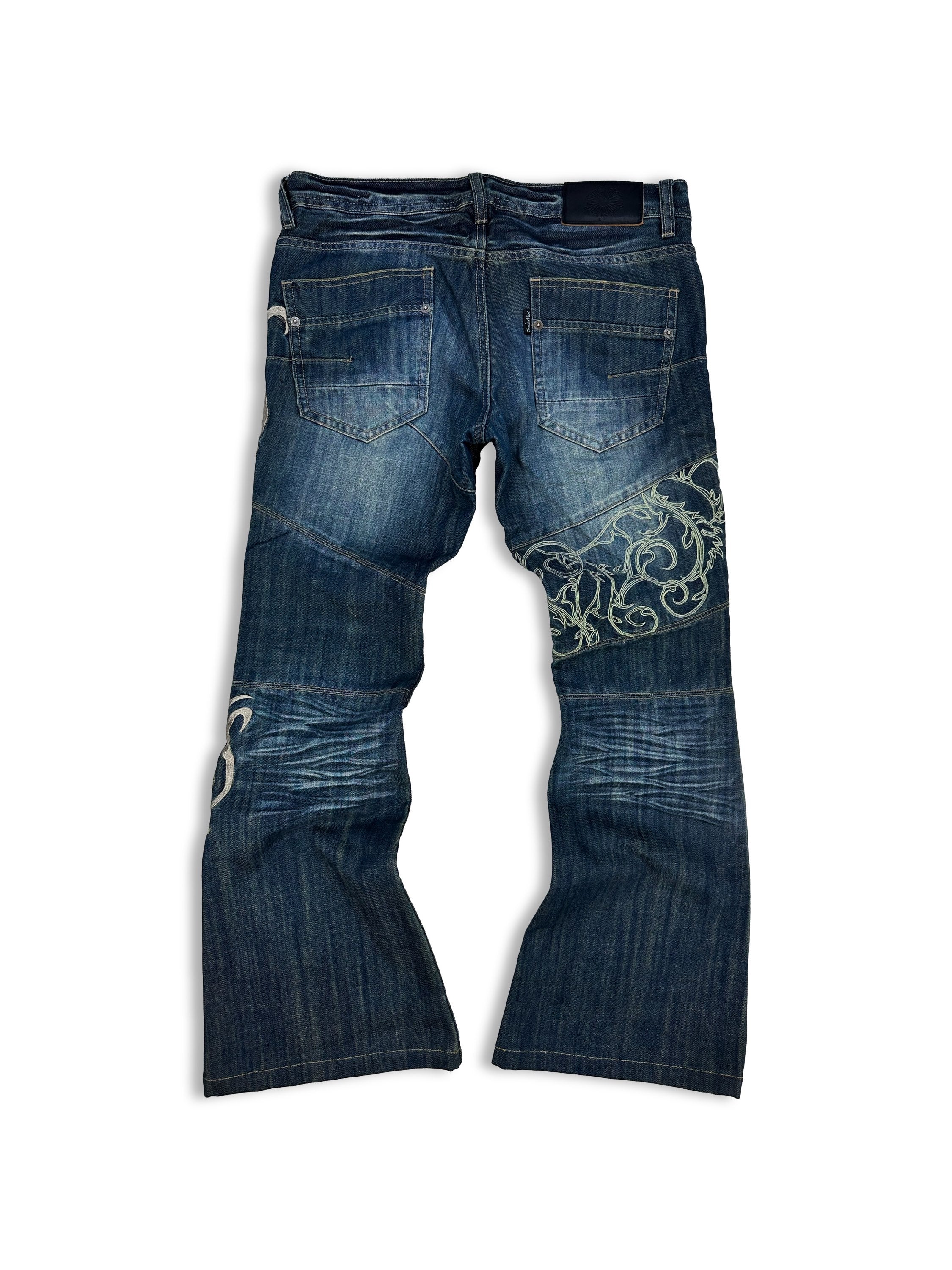 00S TORNADO MART 'SCYTHE' EMBROIDERED FLARE CUT WHISKERED DENIM