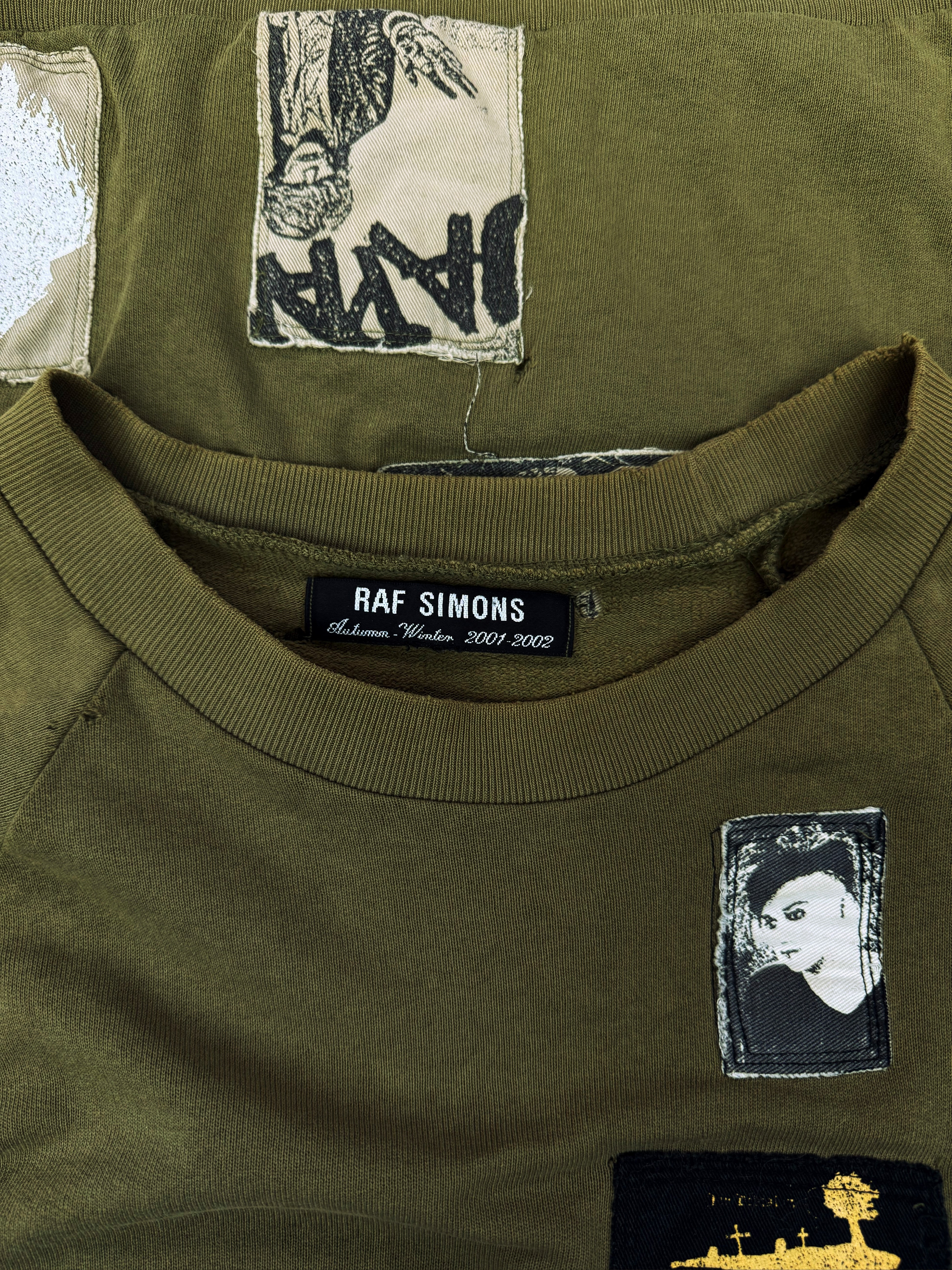 AW01 Raf Simons ‘Riot! Riot! Riot!’ Olive Green Patchwork Crewneck