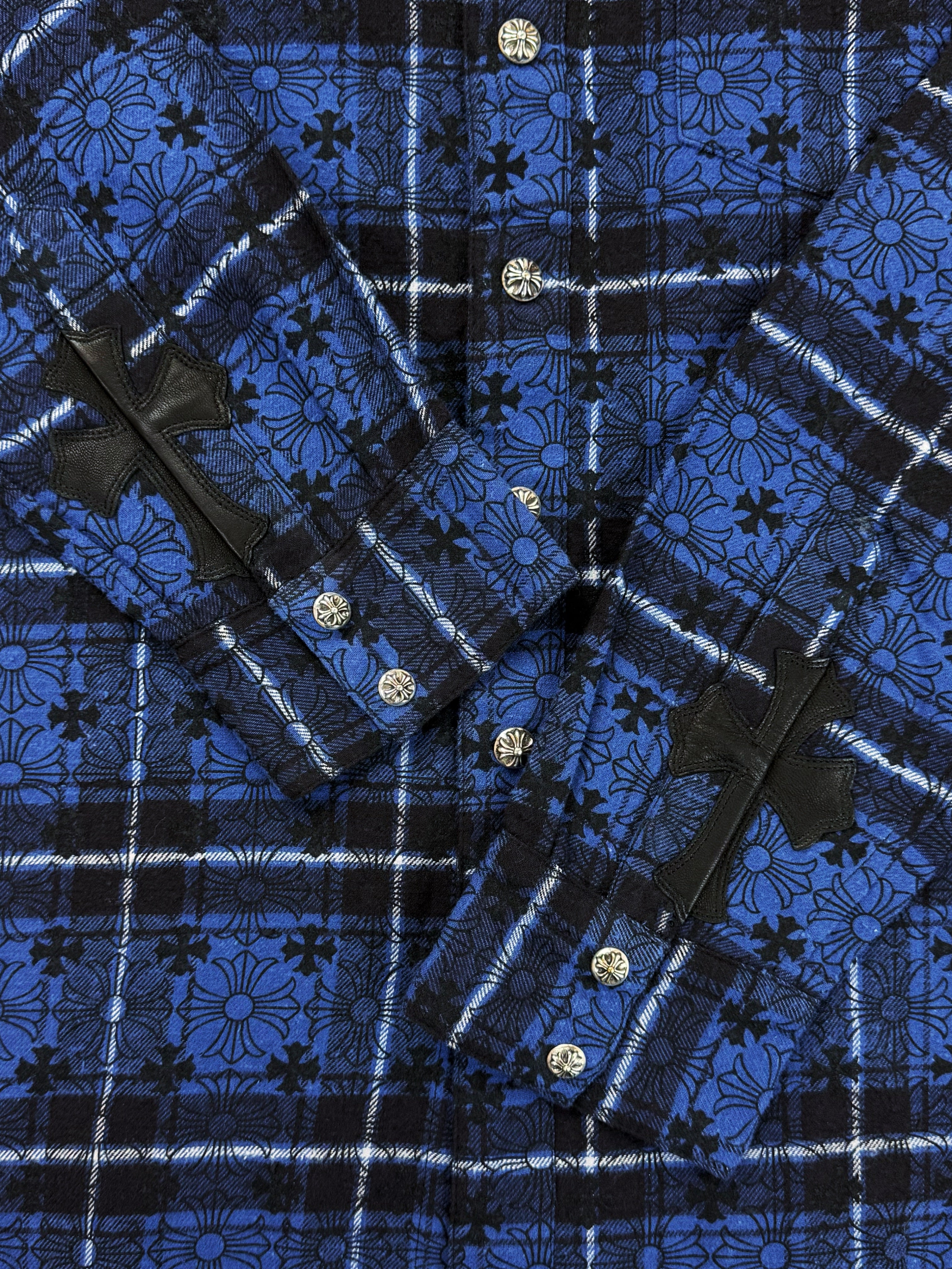 Chrome Hearts Loose Ends Leather Cross Patch Blue .925 Silver Flannel