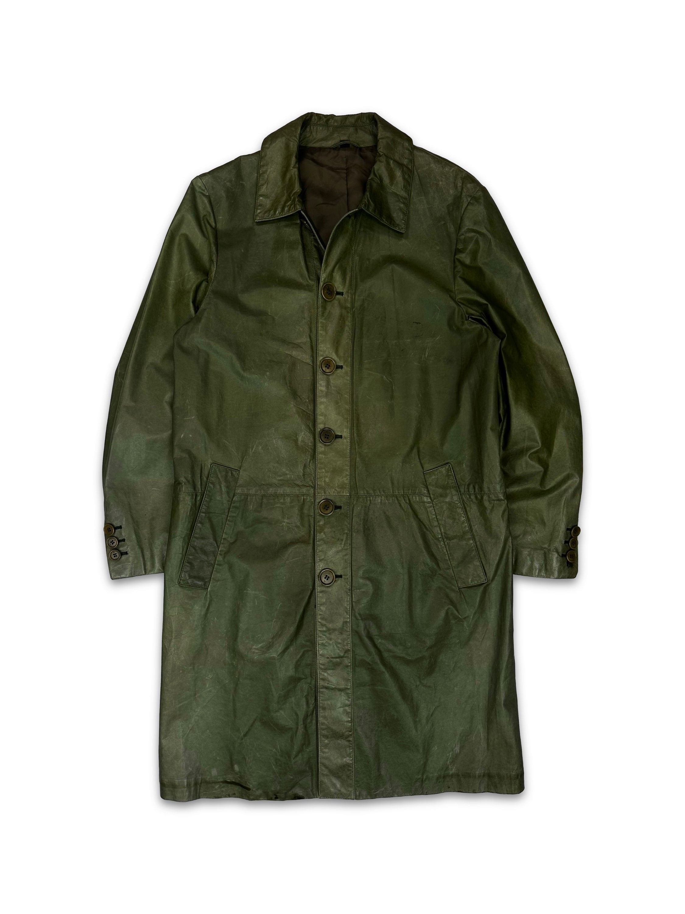 00s Helmut Lang Forest Green Collared Leather Trench Coat
