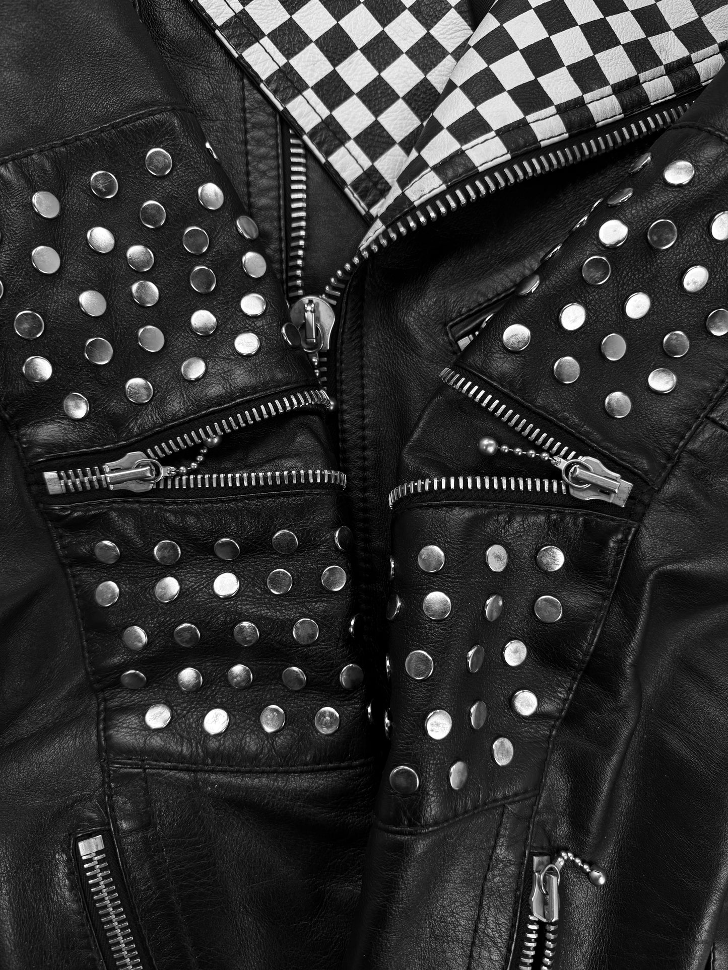AW19 Celine by Hedi Slimane Checkered Studded Elbow Zip Leather Perfecto Jacket