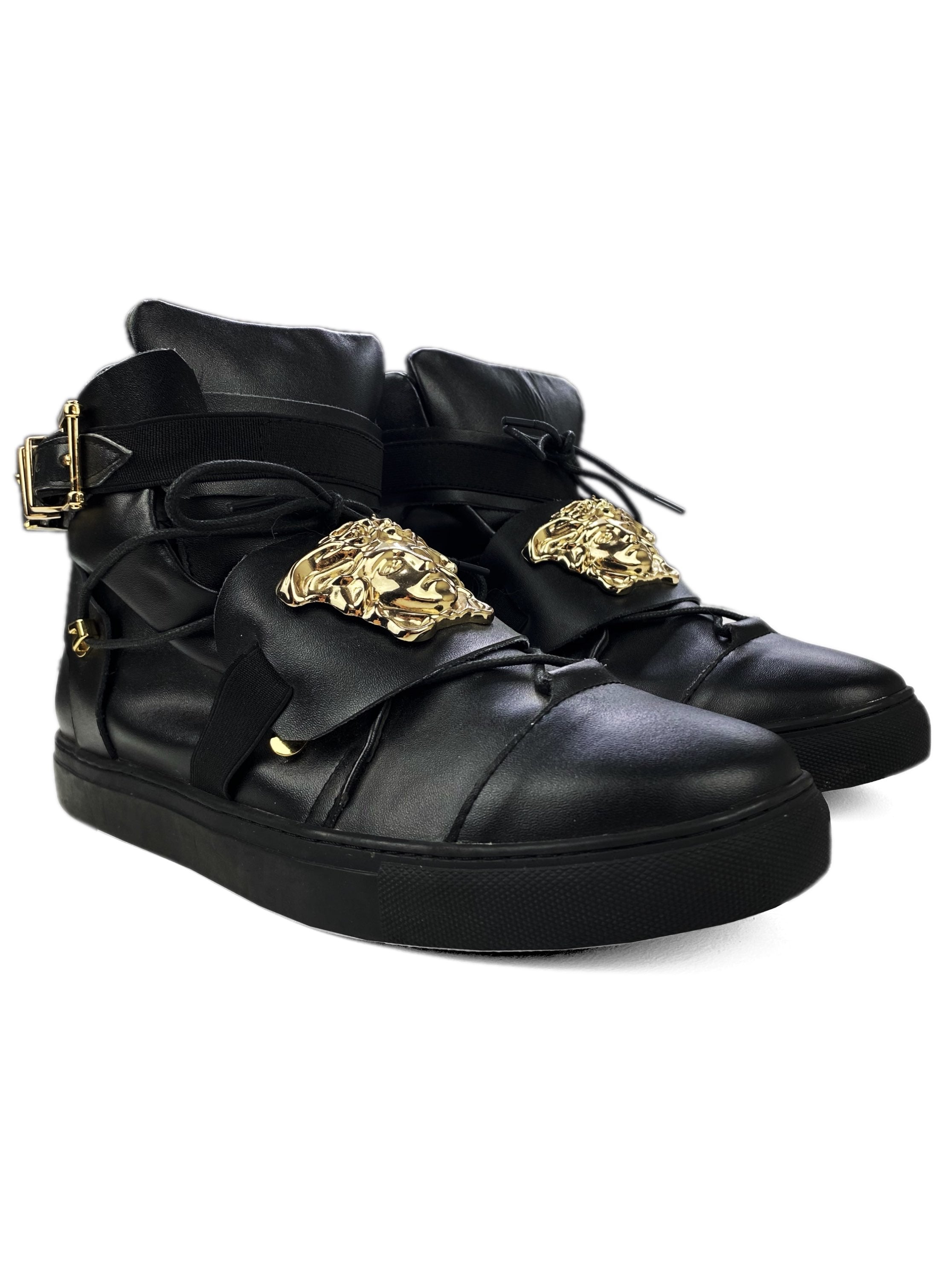 Versace ‘Medusa Head’ Gold Metallic Black Leather Hi-top Sneakers