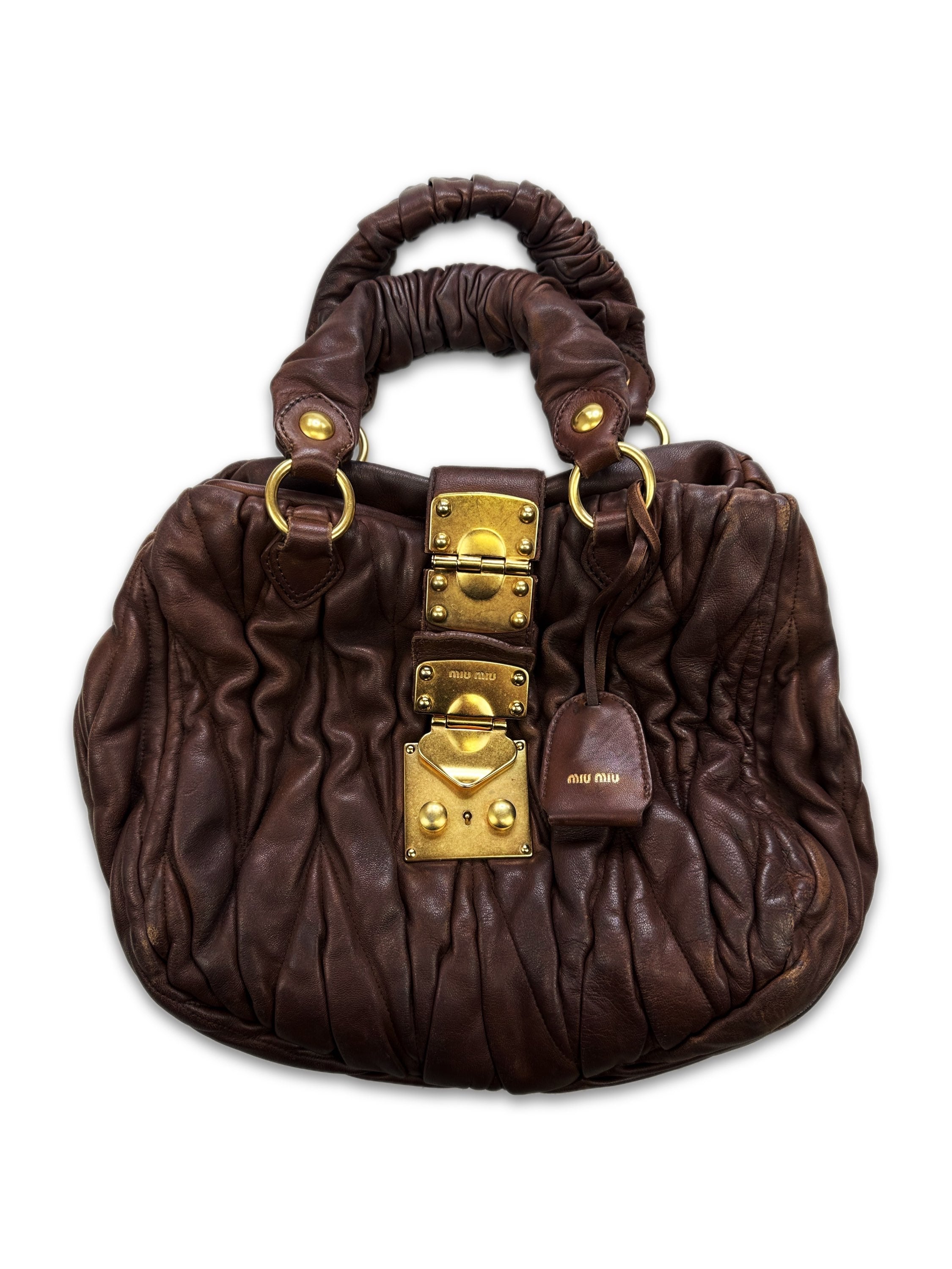 00s Miu Miu ‘Mattelasse’ Brown Leather Gold Handbag