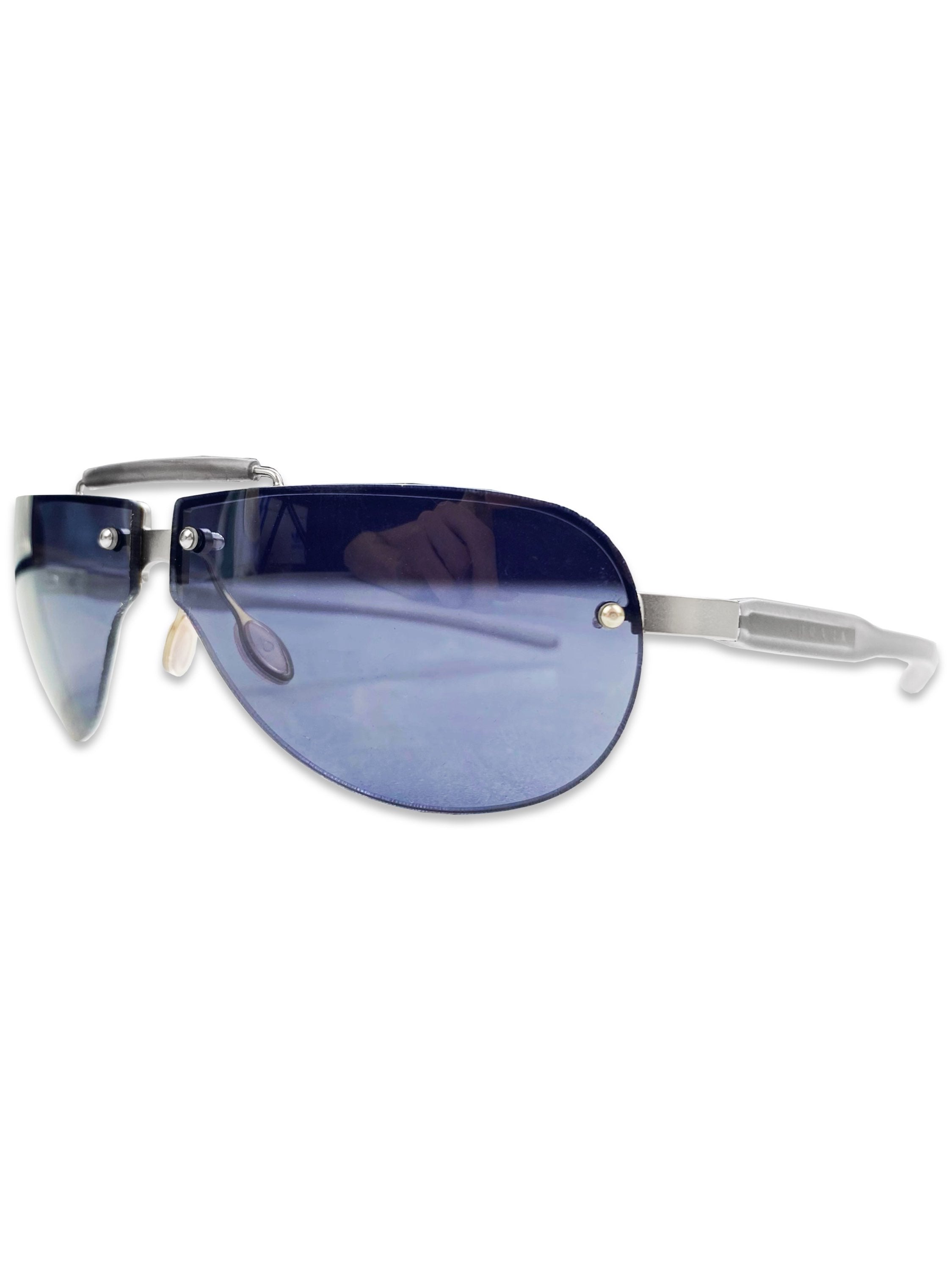 Prada Blue Tint Rounded Metallic Logo Etched Sunglasses