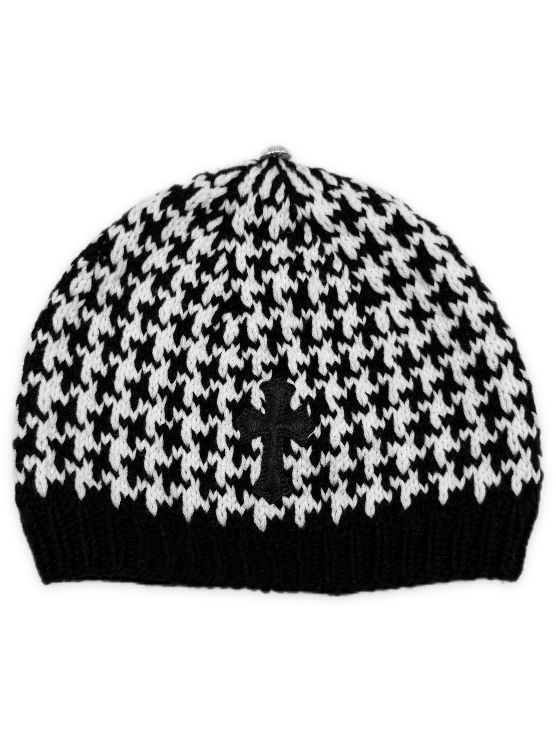 Chrome Hearts Leather Cross Patch Houndstooth Rhodium Star Knit Beanie