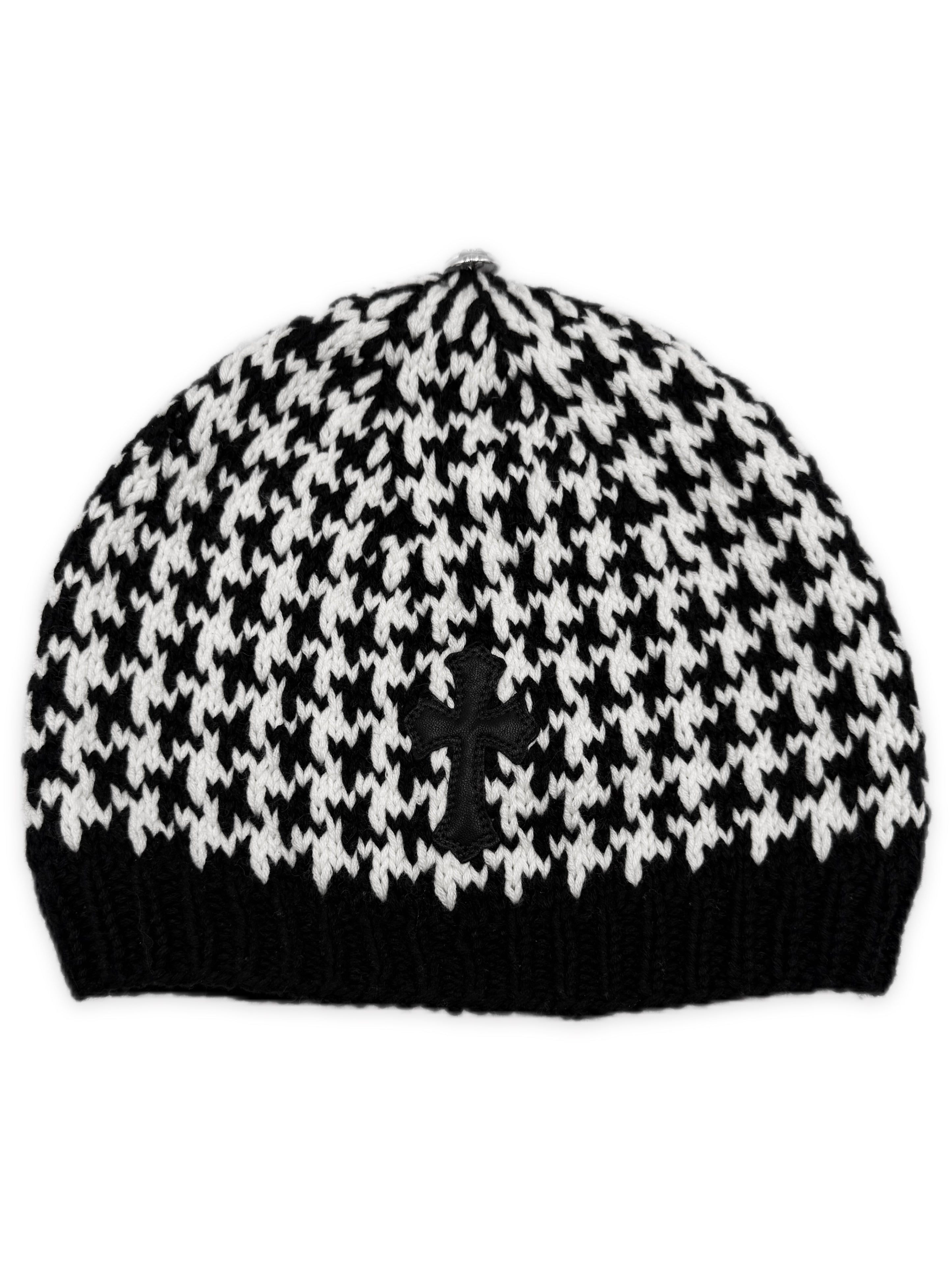 Chrome Hearts Leather Cross Patch Houndstooth Rhodium Star Knit Beanie