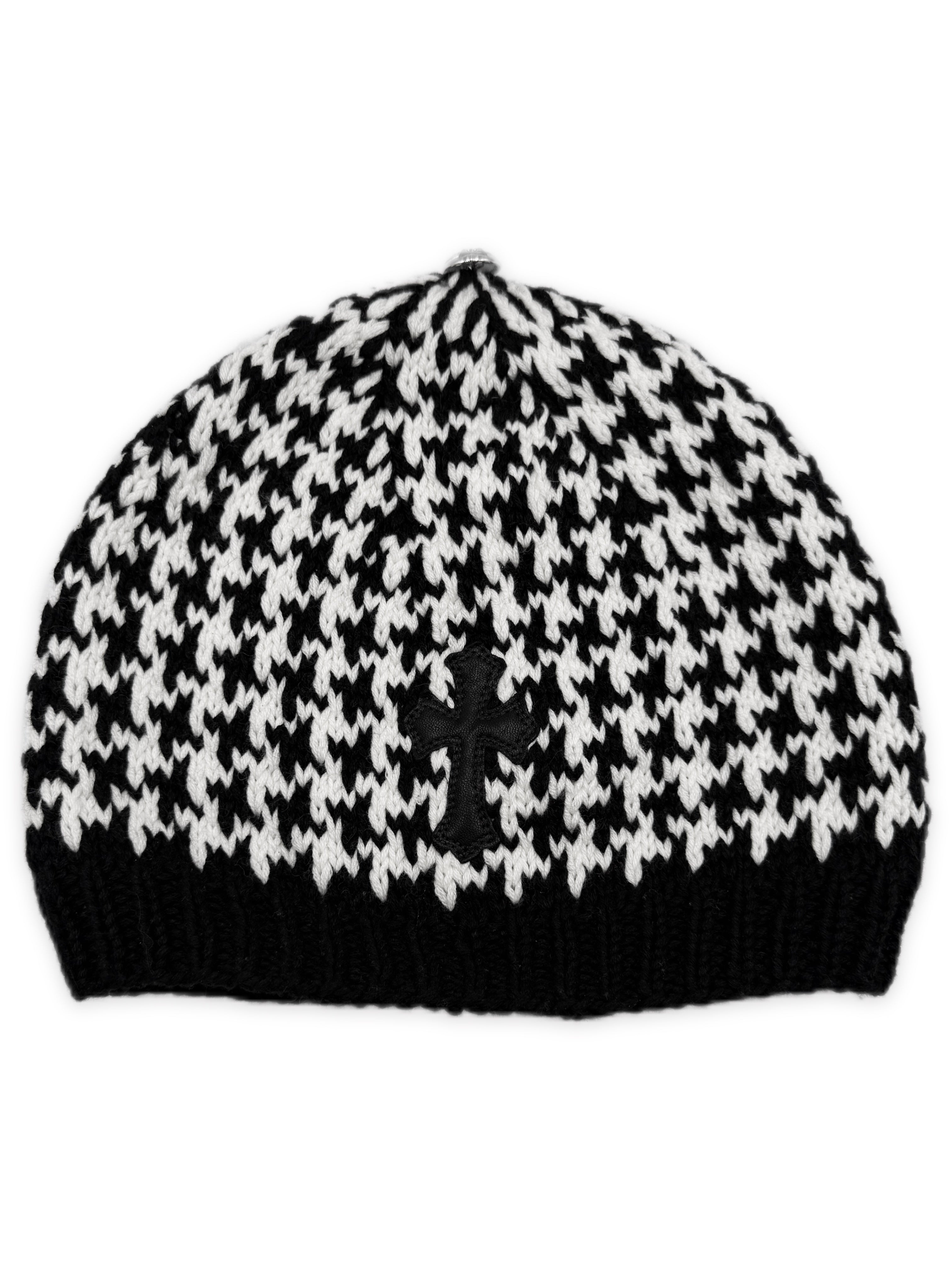 Chrome Hearts Leather Cross Patch Houndstooth Rhodium Star Knit Beanie