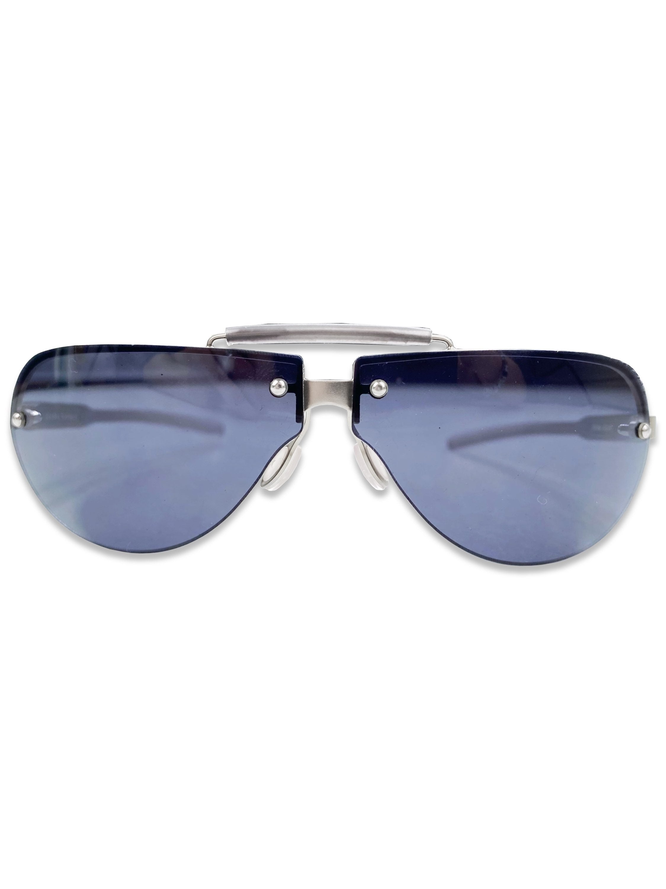 Prada Blue Tint Rounded Metallic Logo Etched Sunglasses