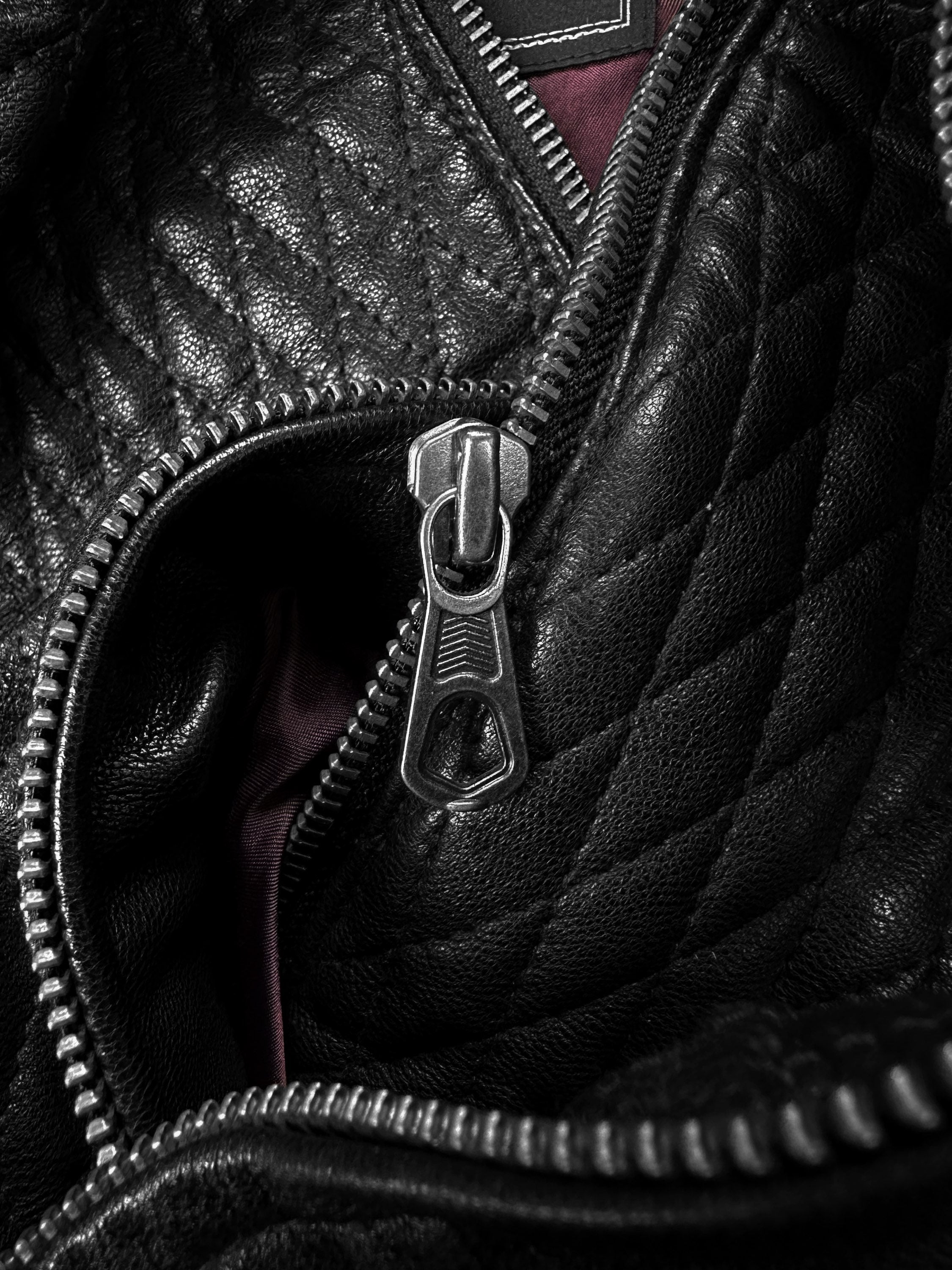 Tete Homme Multi-zip Black Leather High Neck Quilted Biker Jacket